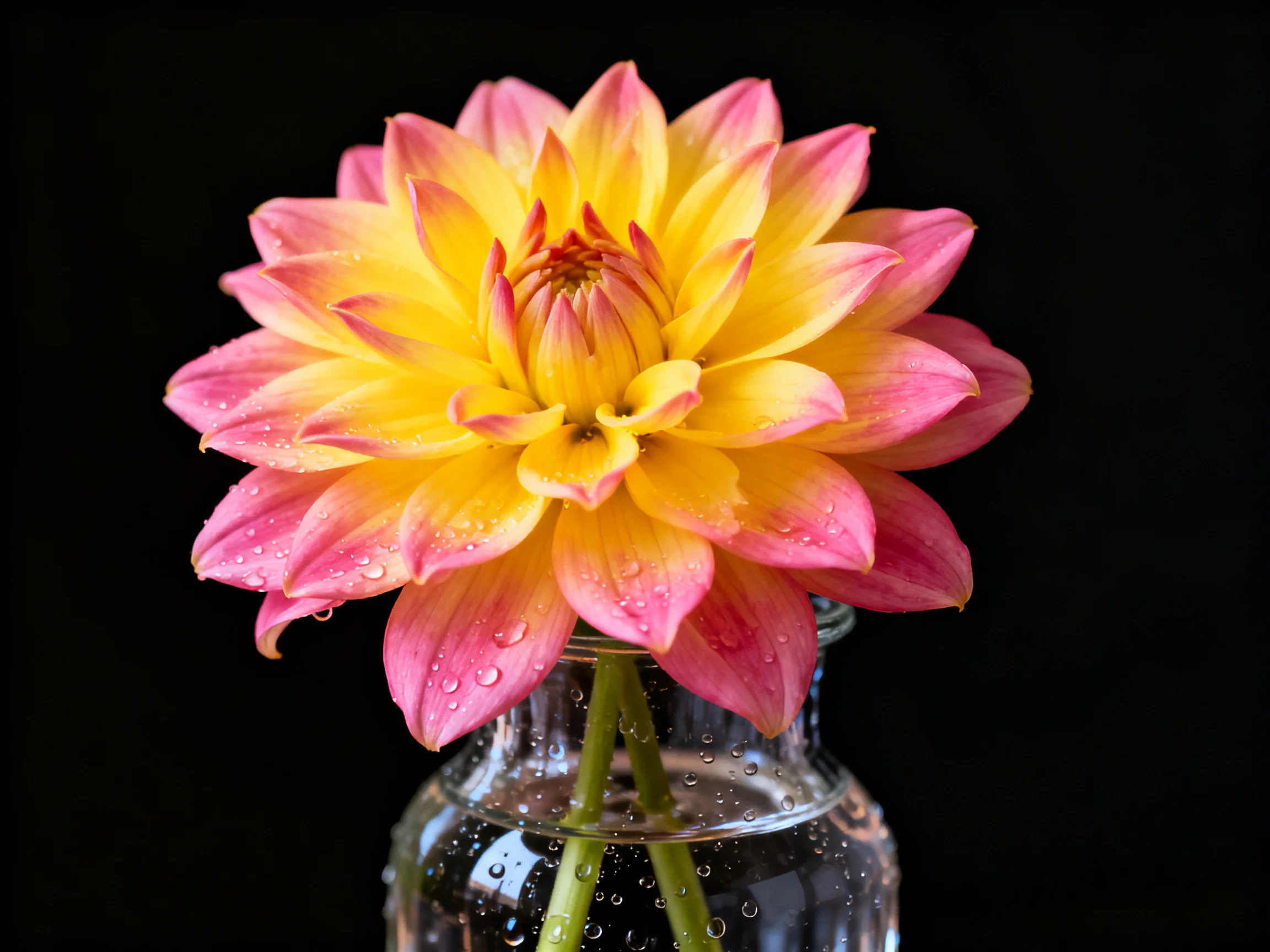 A vibrant pink and yellow dahlia with dewdrops in a clear glass vase