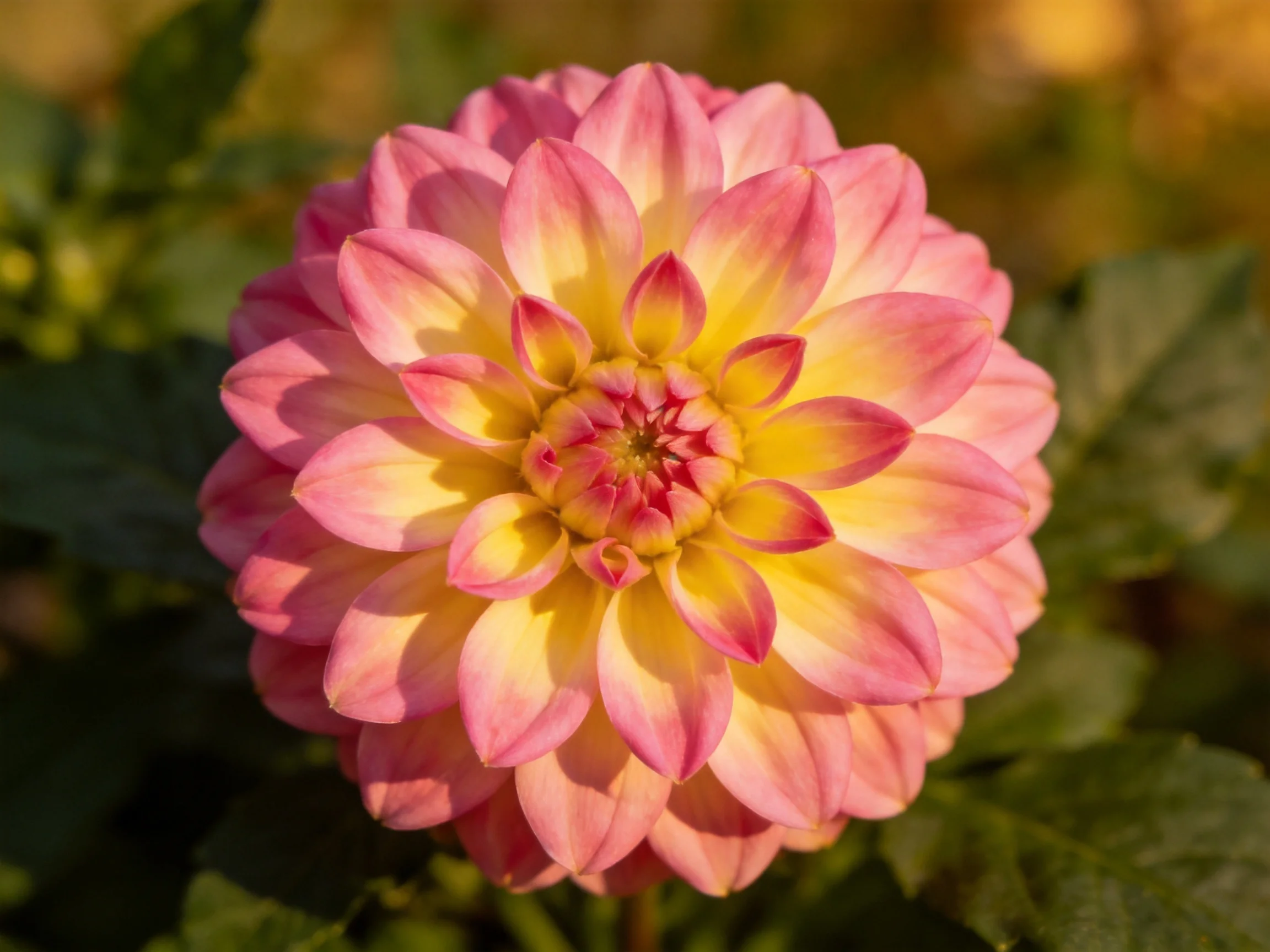 A vibrant pink and yellow dahlia with layered petals