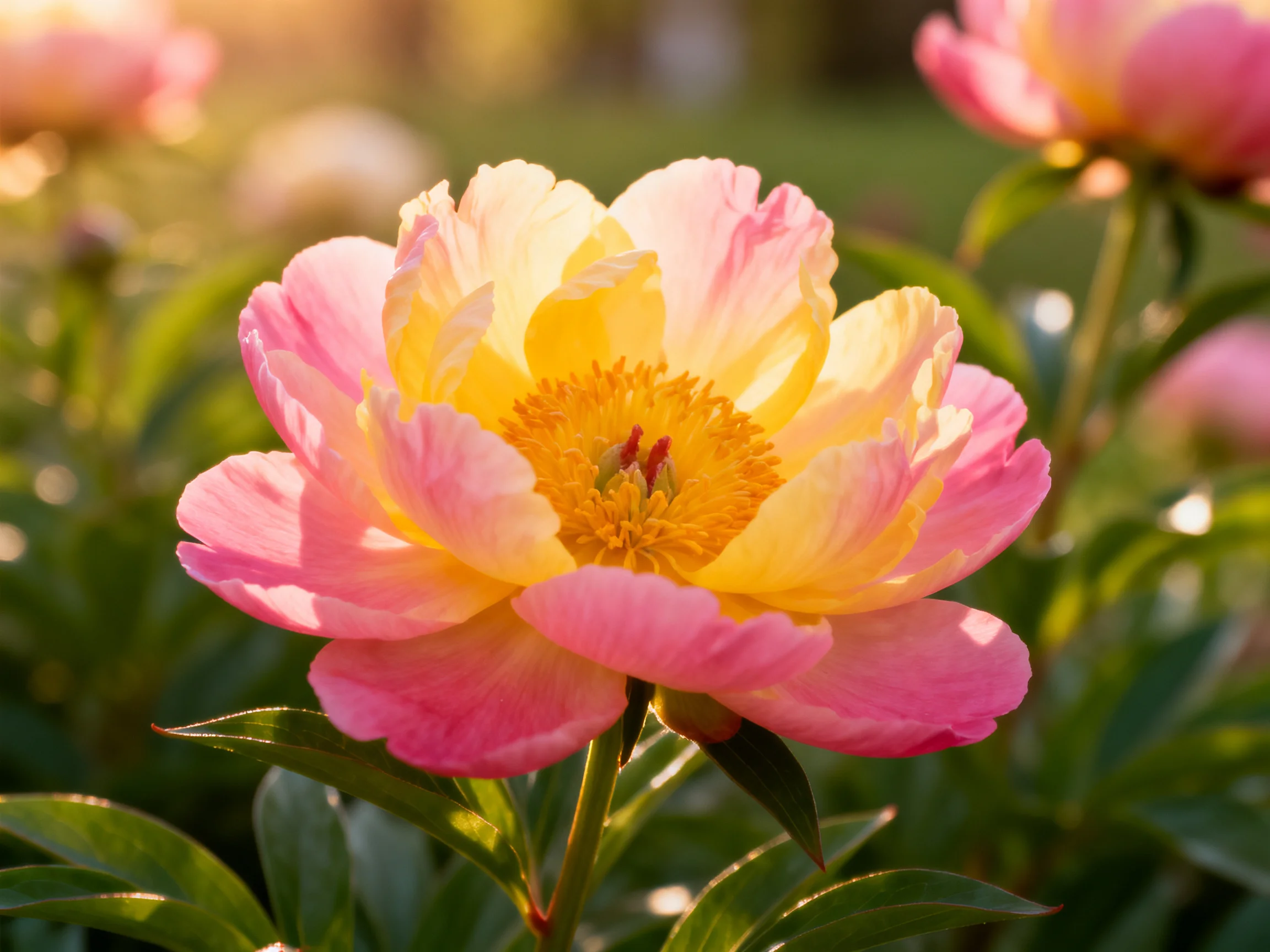 A vibrant pink and yellow peony blooming in soft sunlight