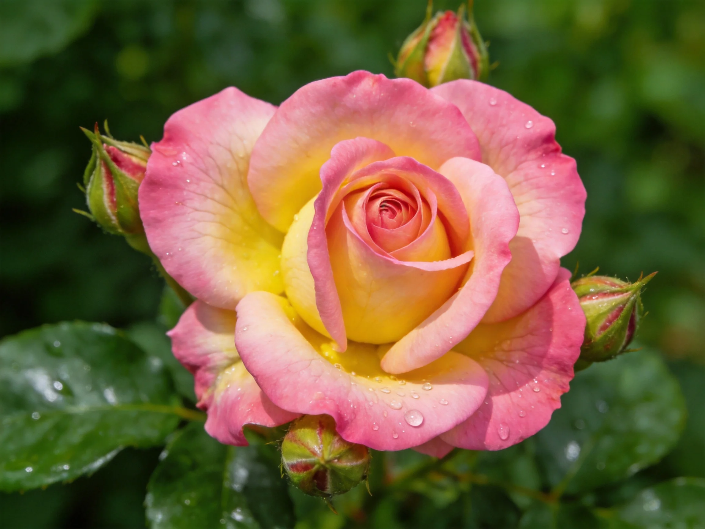 A vibrant pink and yellow rose with dew drops among green buds