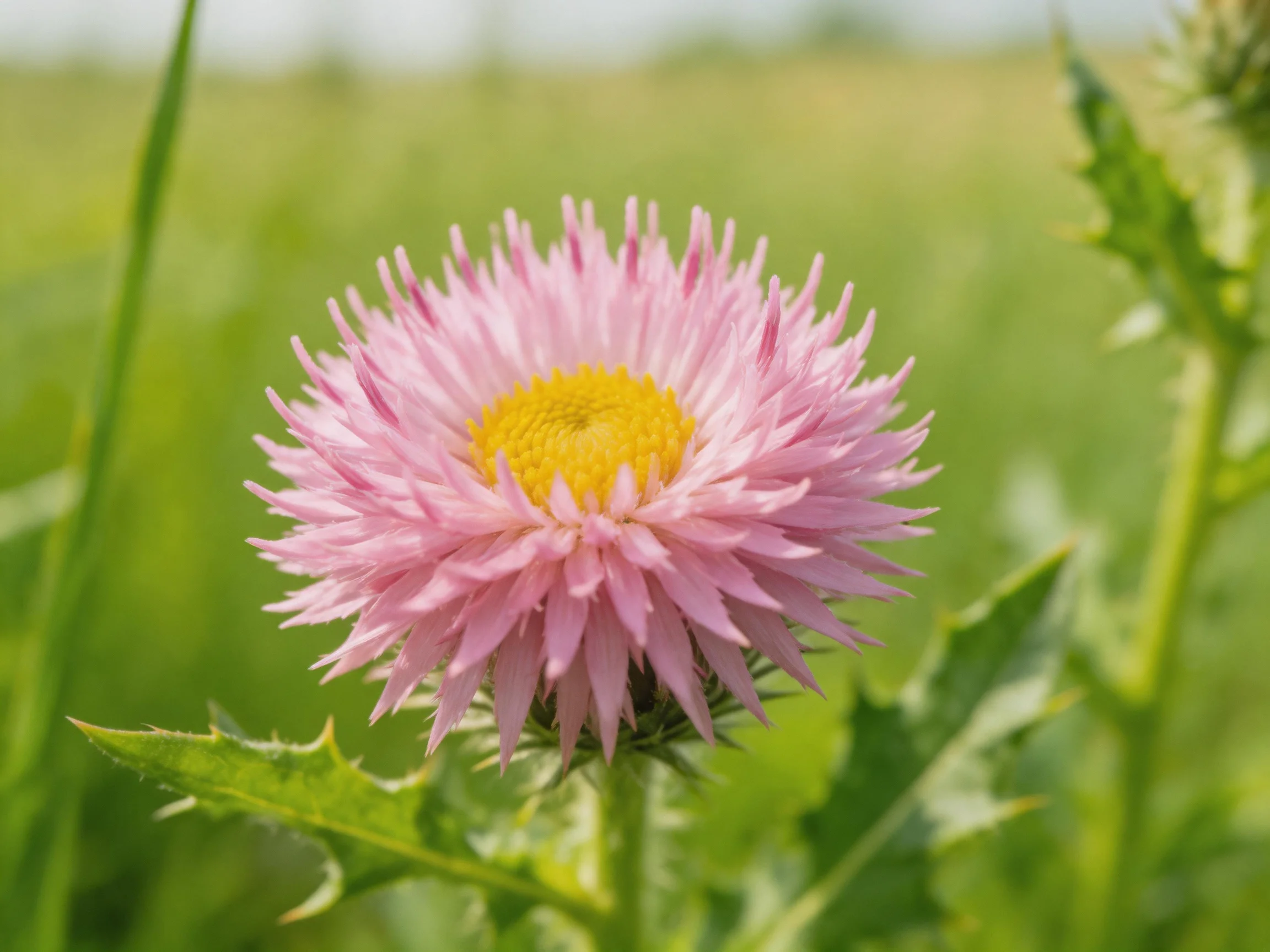 A vibrant pink aster with a bright yellow center in a green meadow
