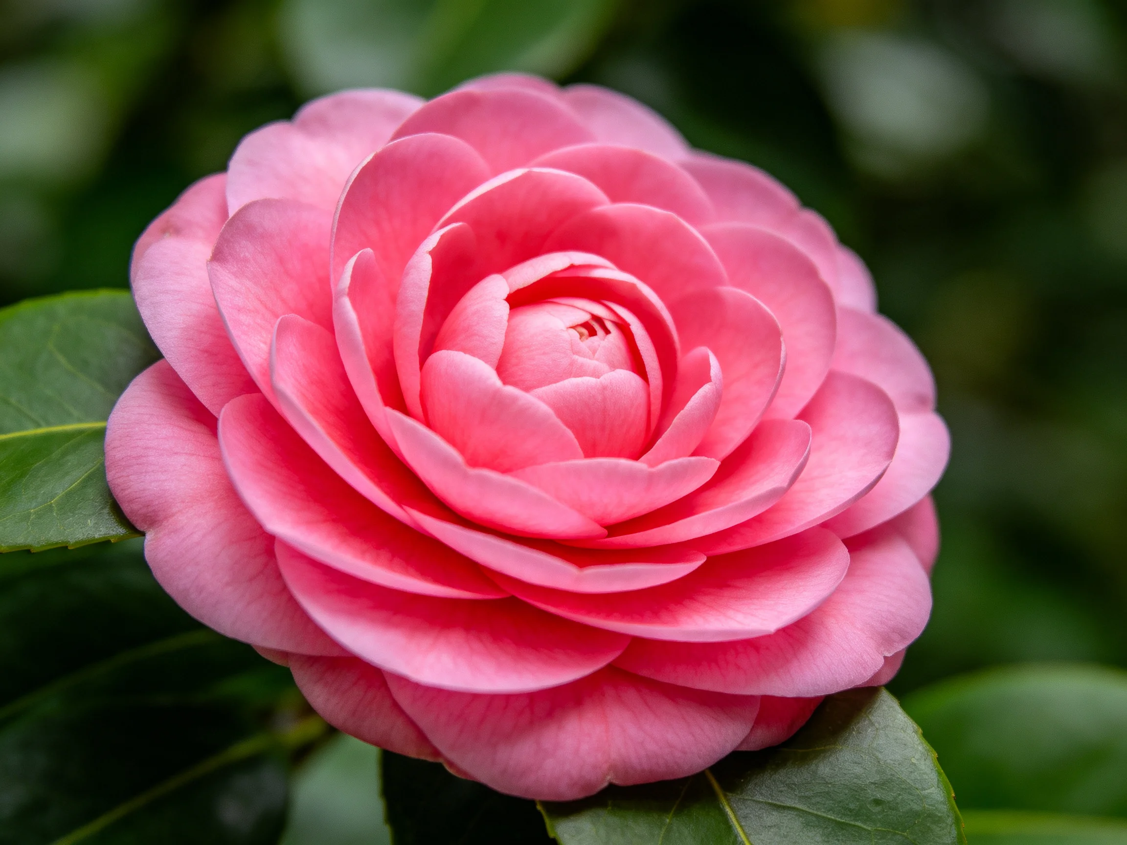 A vibrant pink camellia bloom with layered petals