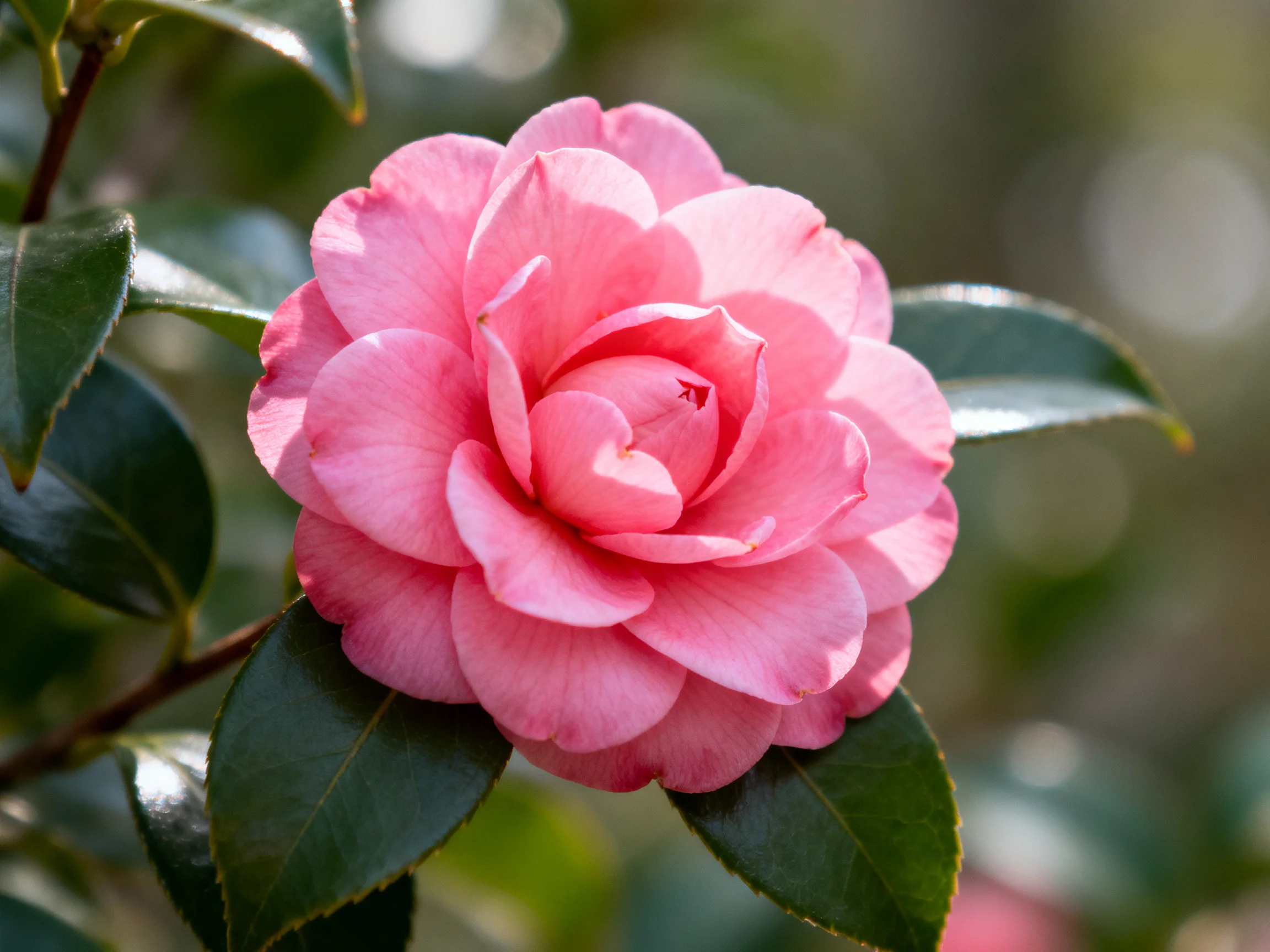 A vibrant pink camellia flower with glossy green leaves