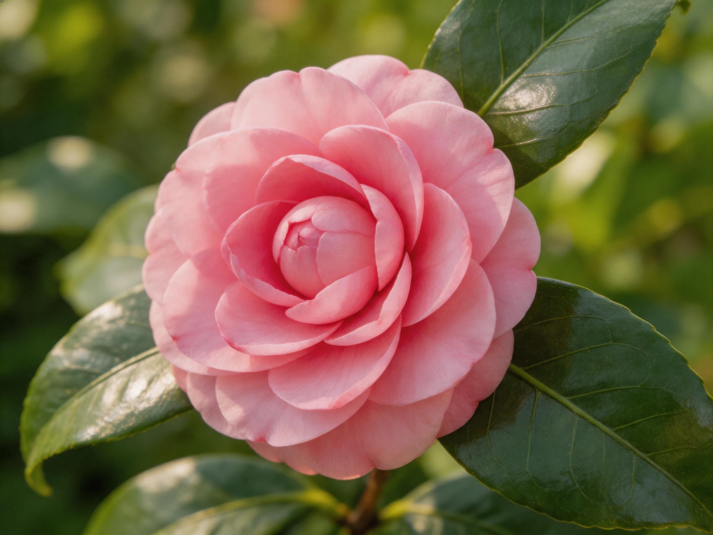A vibrant pink camellia flower with glossy green leaves