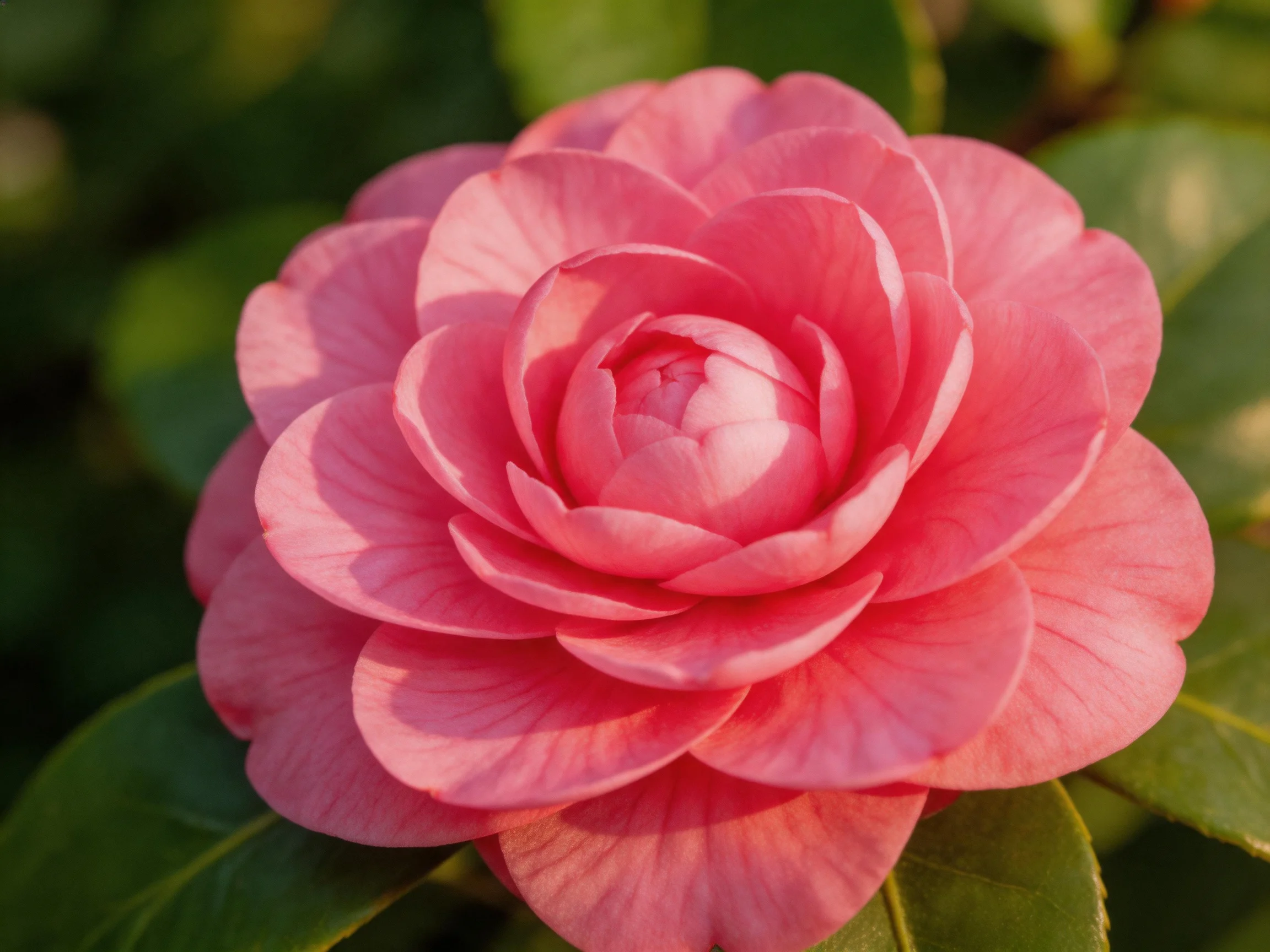 A vibrant pink camellia flower with layered petals