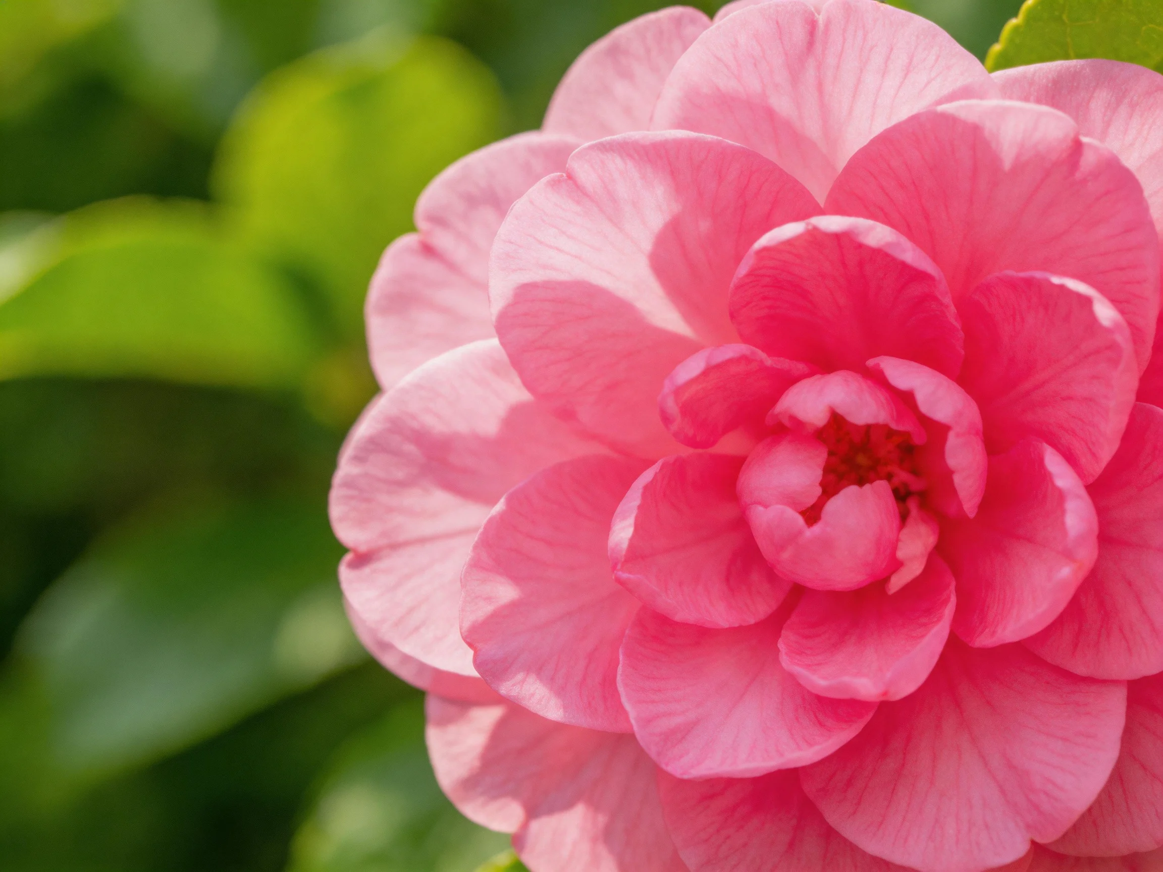 A vibrant pink camellia with layered petals against green foliage