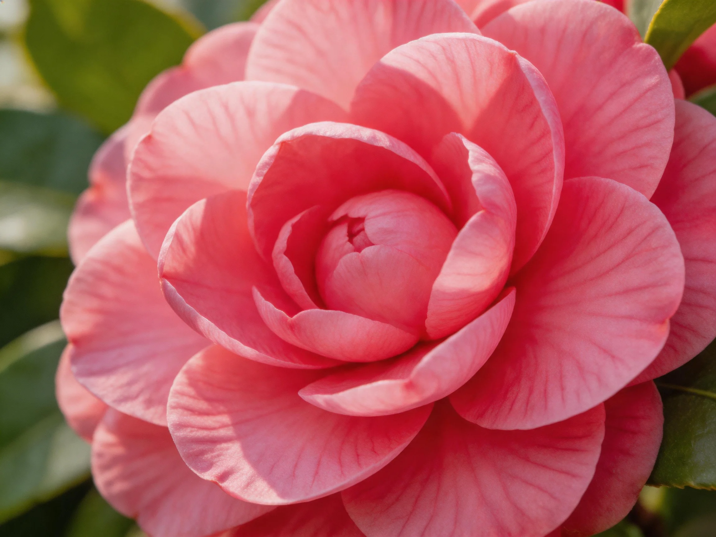A vibrant pink camellia with layered petals and green foliage