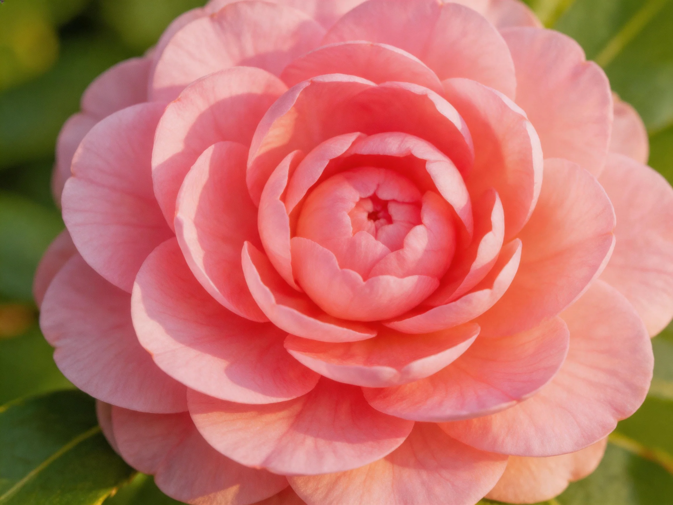 A vibrant pink camellia with layered petals and soft lighting