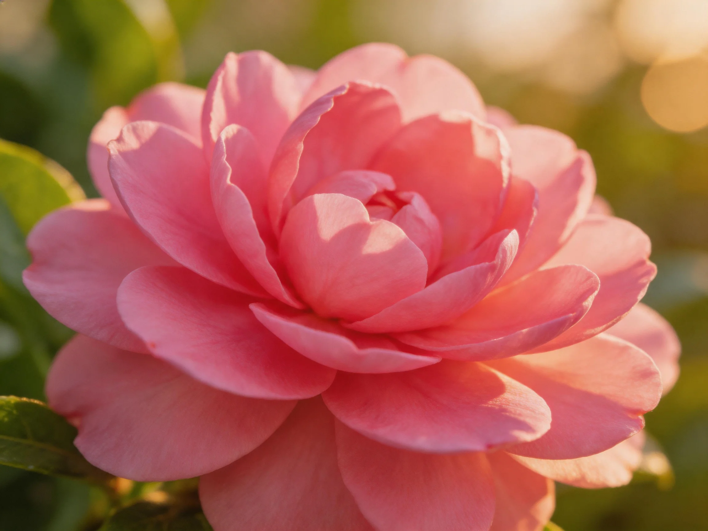 A vibrant pink camellia with layered petals in soft natural light
