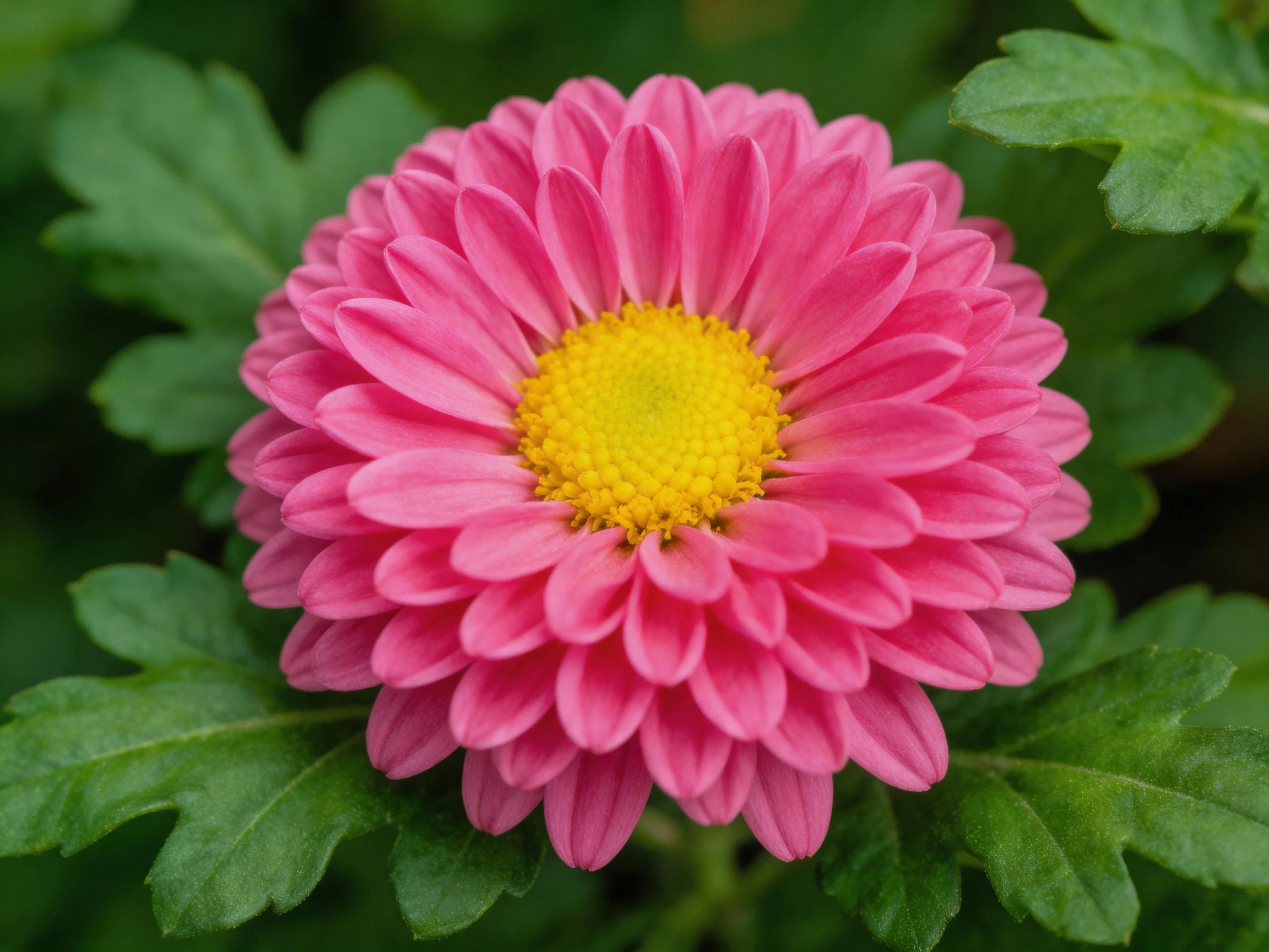 A vibrant pink chrysanthemum with a bright yellow center