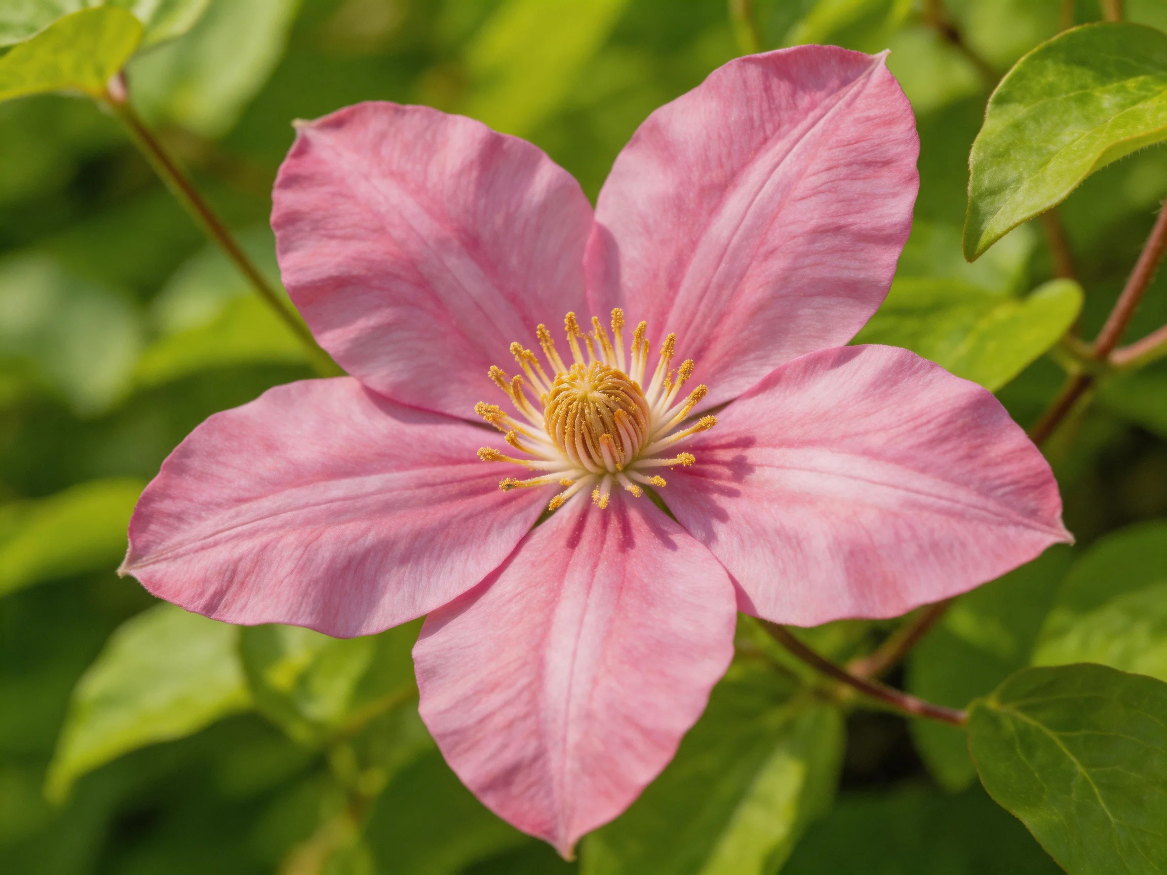 A vibrant pink clematis flower with golden center amidst green foliage