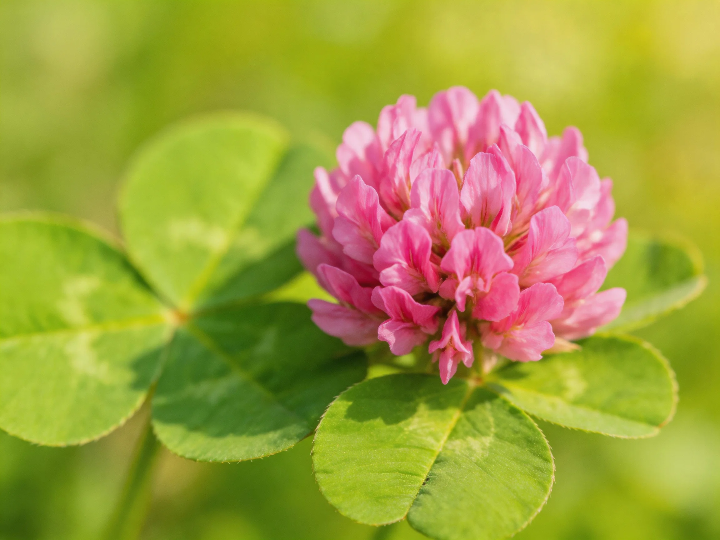 A vibrant pink clover blossom with lush green leaves