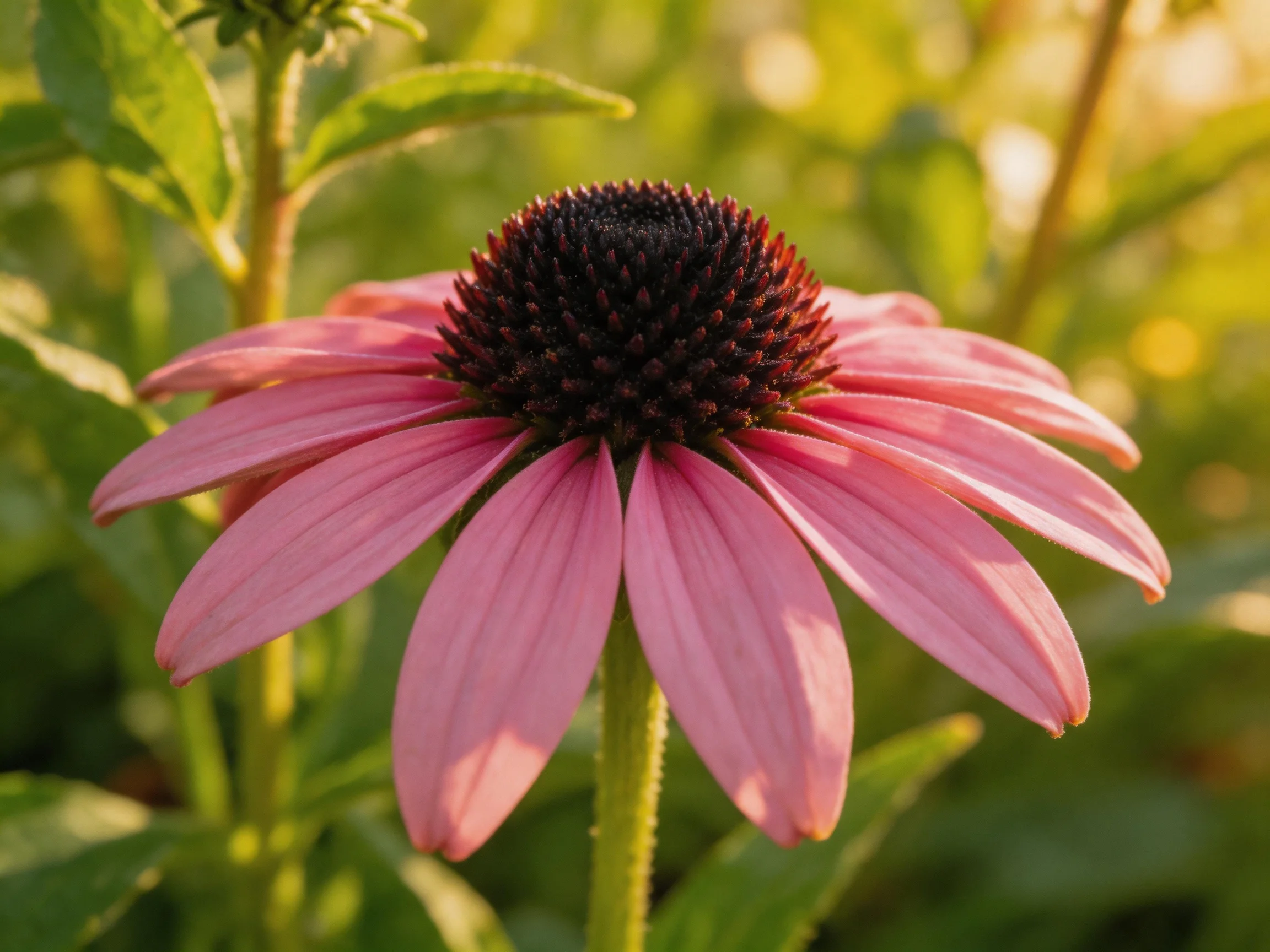 A vibrant pink coneflower with a deep brown central disk