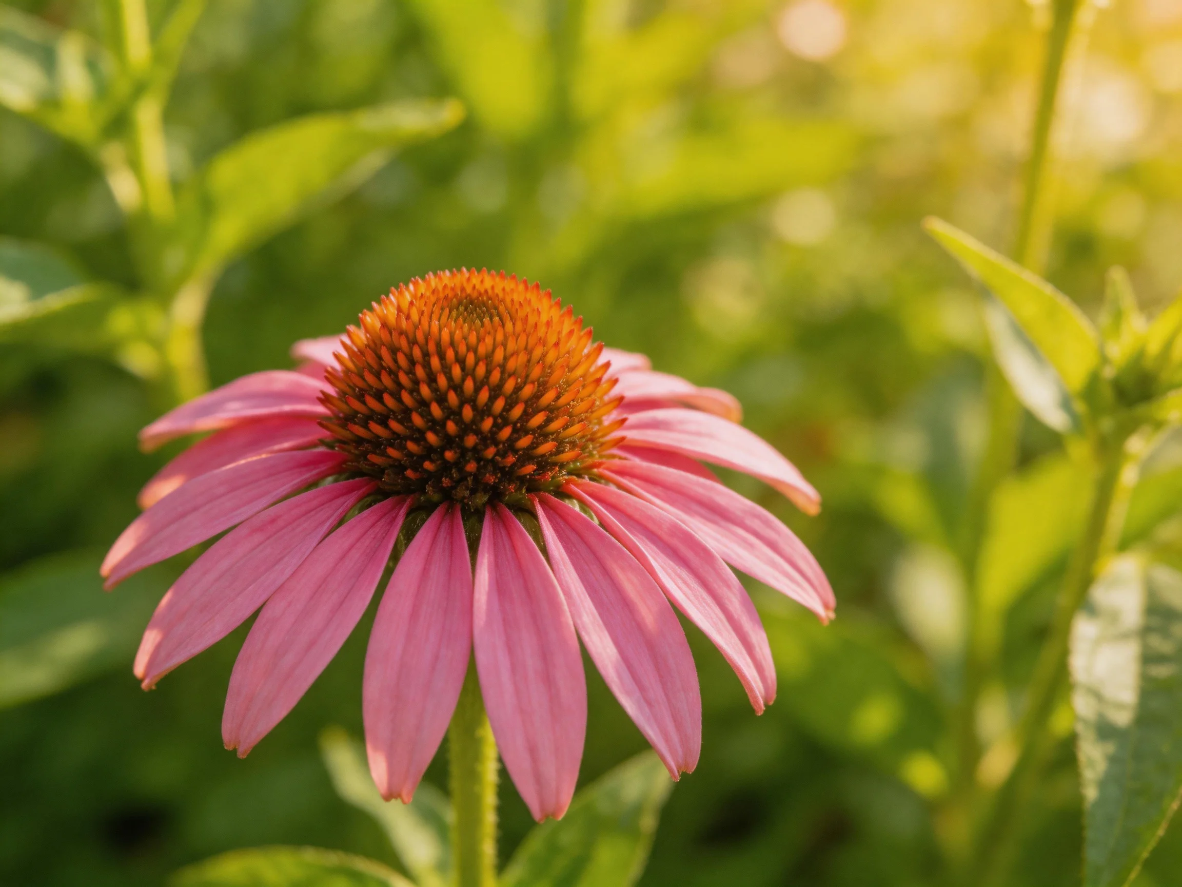 A vibrant pink coneflower with a spiky brown central cone
