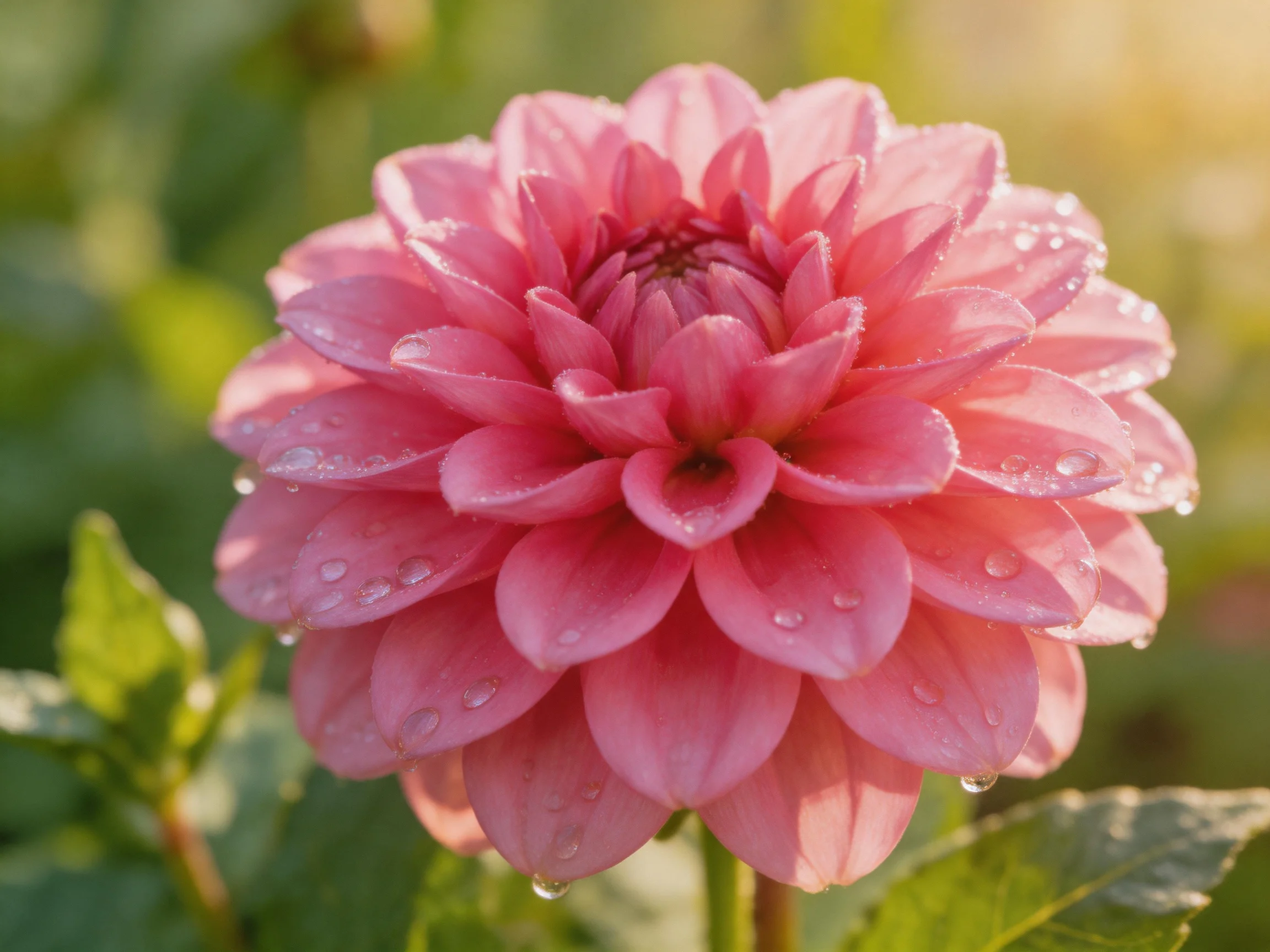 A vibrant pink dahlia adorned with glistening dewdrops