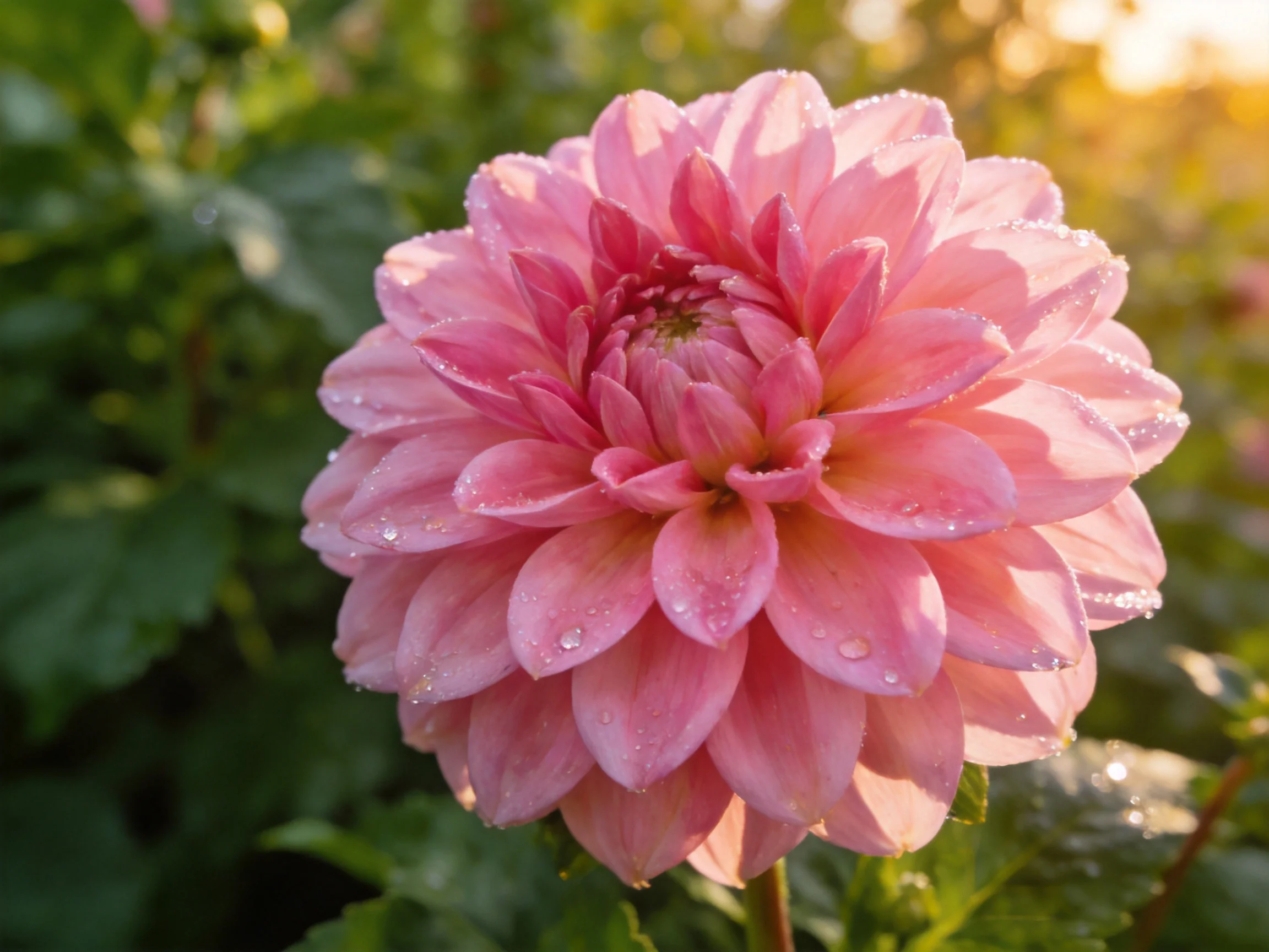 A vibrant pink dahlia with dew drops amidst lush greenery under golden sunlight
