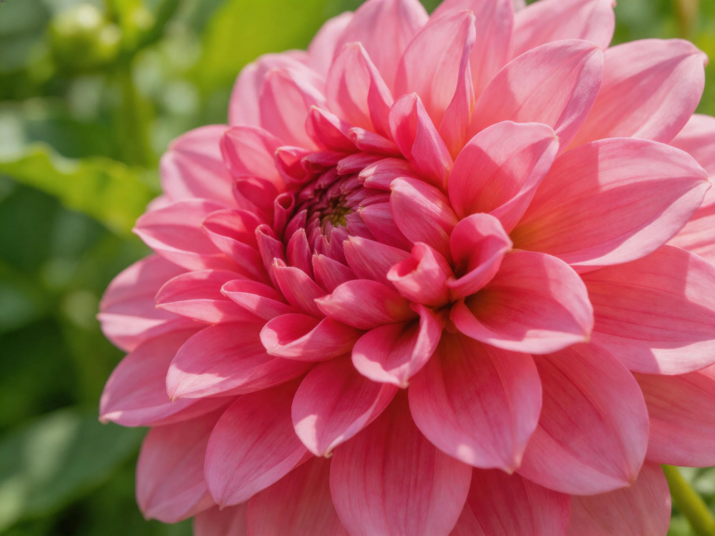 A vibrant pink dahlia with layered petals against green foliage