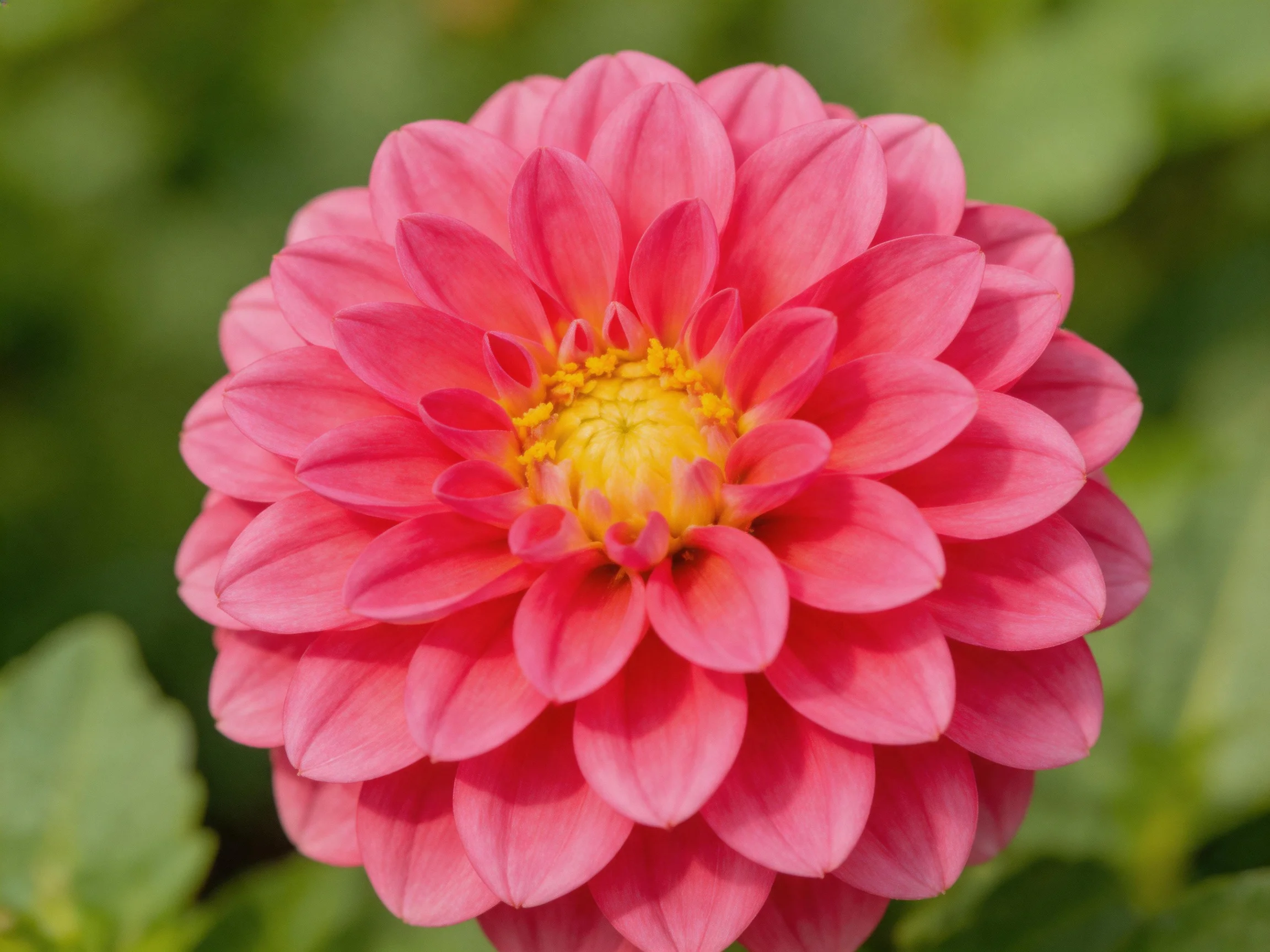 A vibrant pink dahlia with layered petals and bright yellow center
