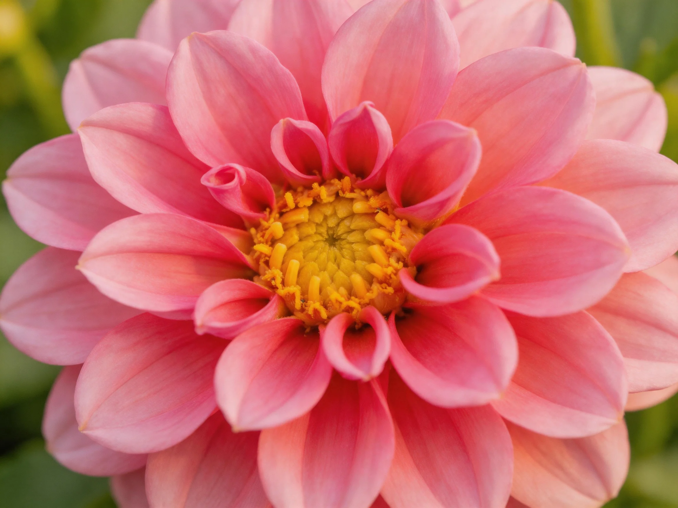 A vibrant pink dahlia with layered petals and golden center