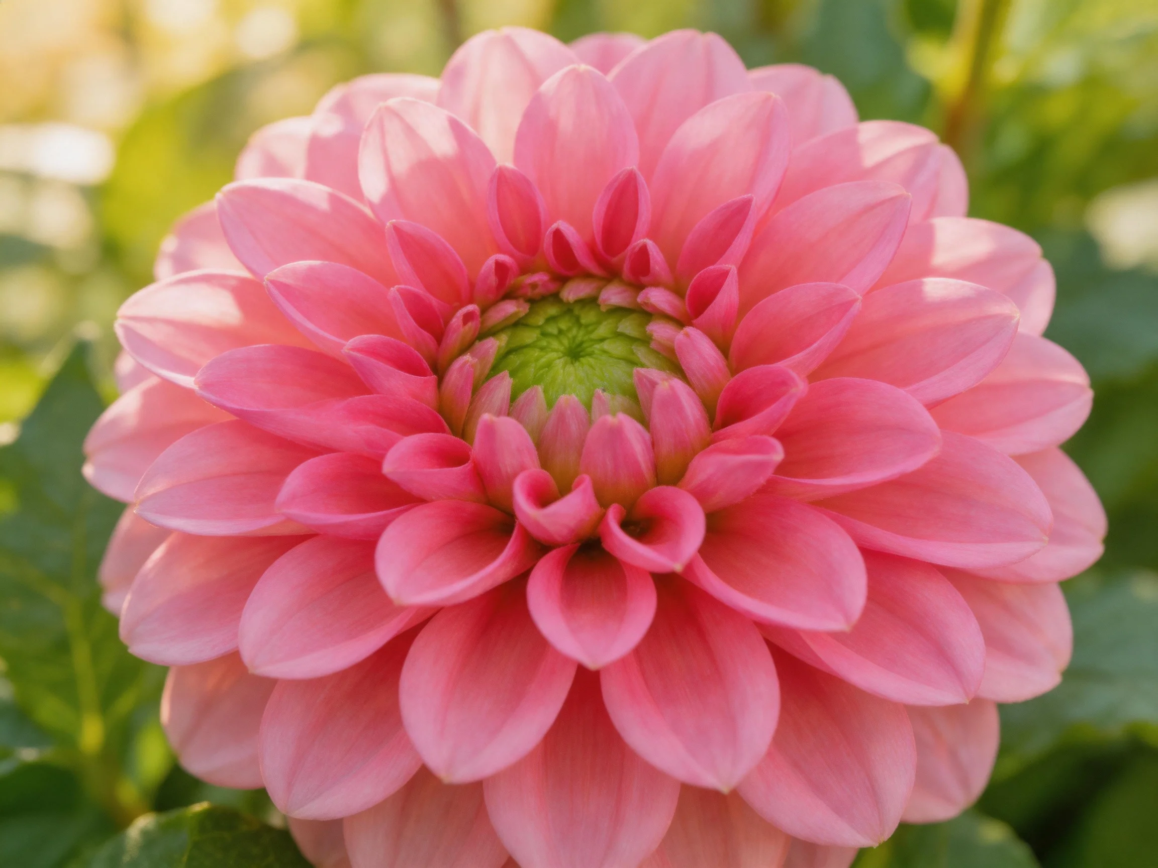 A vibrant pink dahlia with layered petals and green central core