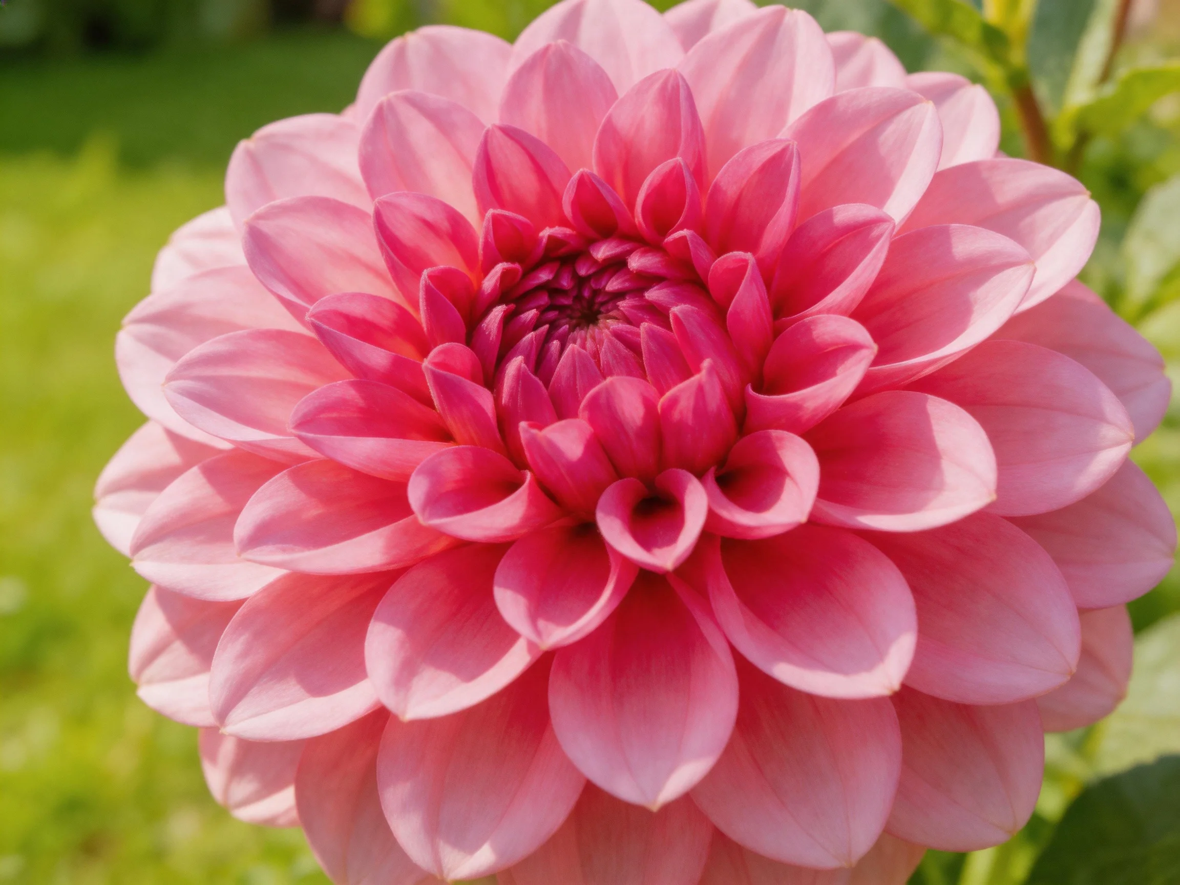A vibrant pink dahlia with layered petals in a sunlit garden