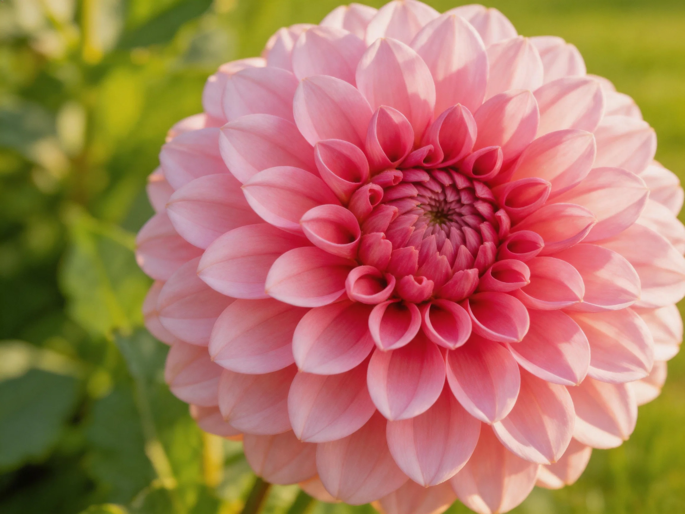A vibrant pink dahlia with layered petals in a sunlit garden
