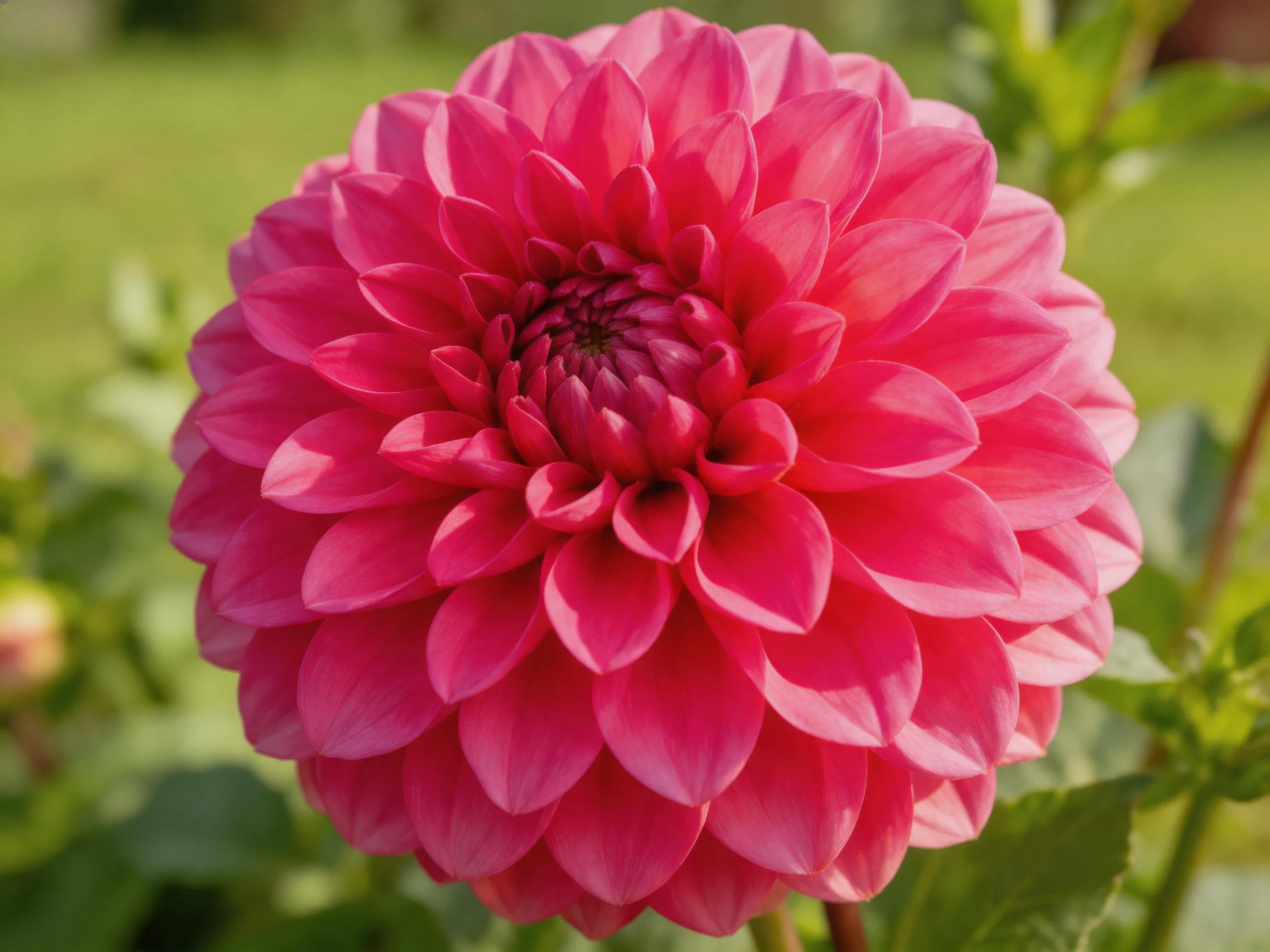 A vibrant pink dahlia with layered petals in a sunlit garden