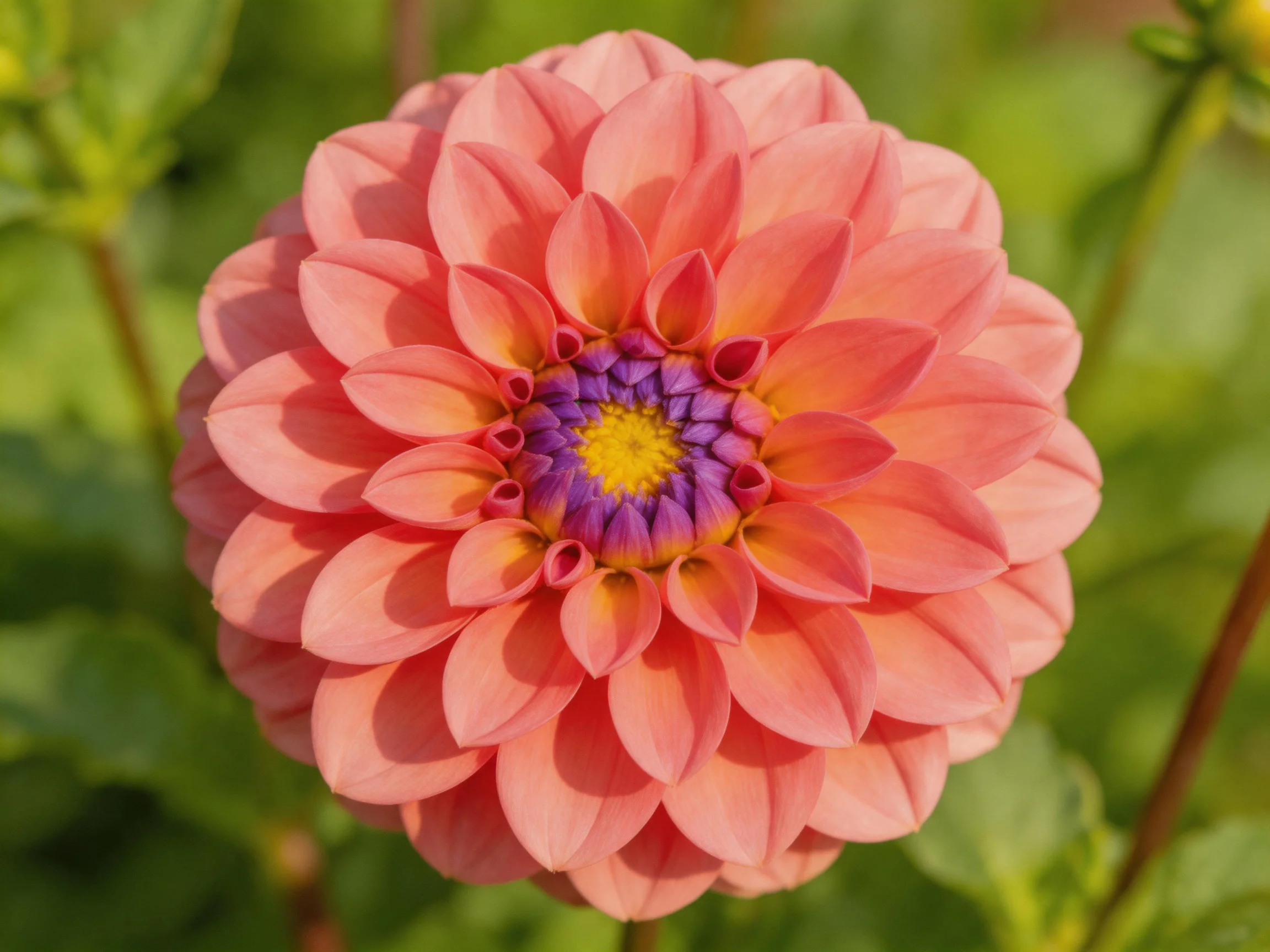 A vibrant pink dahlia with purple and yellow central details