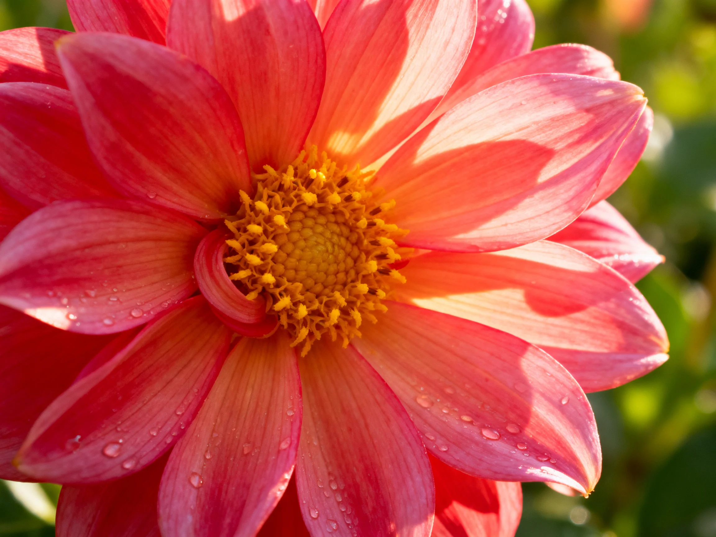 A vibrant pink dahlia with water droplets and golden center