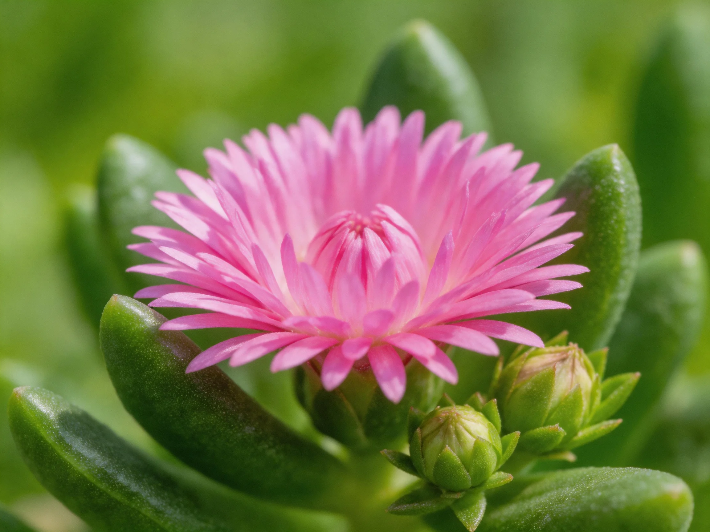 A vibrant pink flower blooms among glossy green succulent leaves
