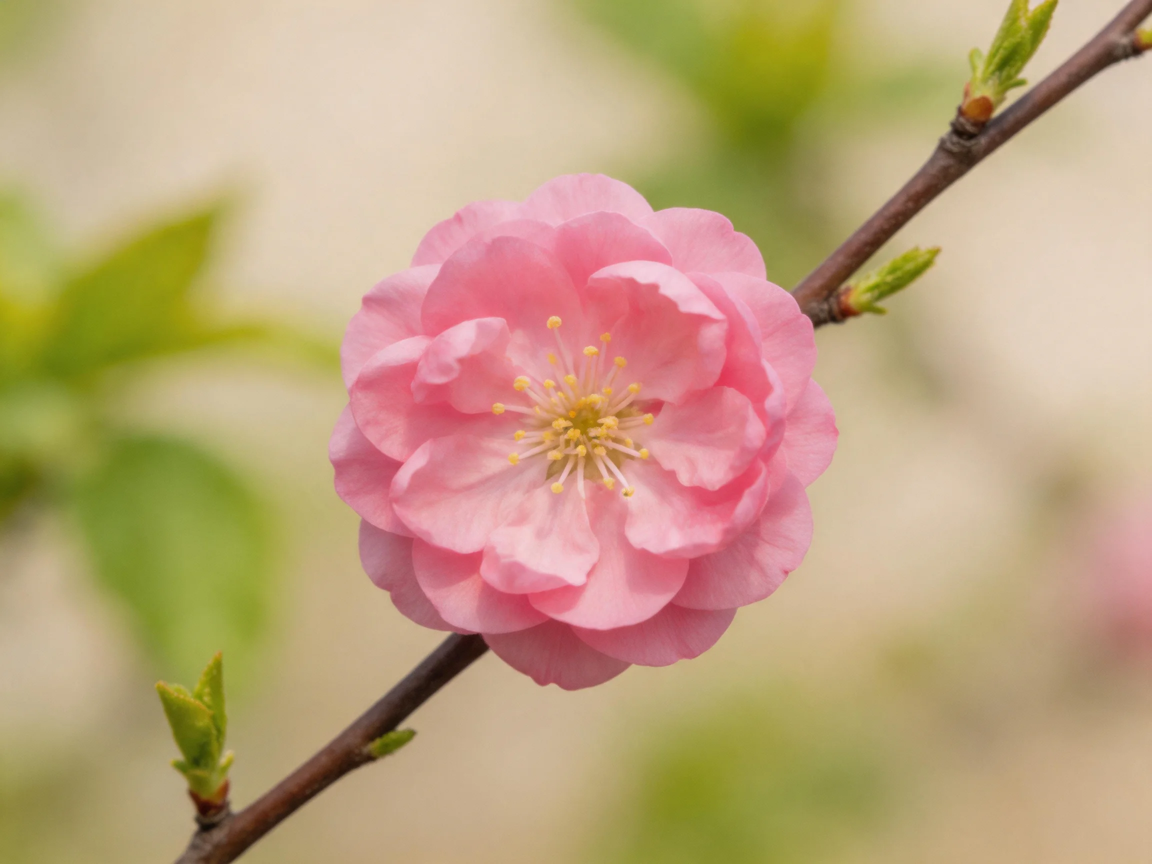 A vibrant pink flower blooms on a thin brown branch with budding buds