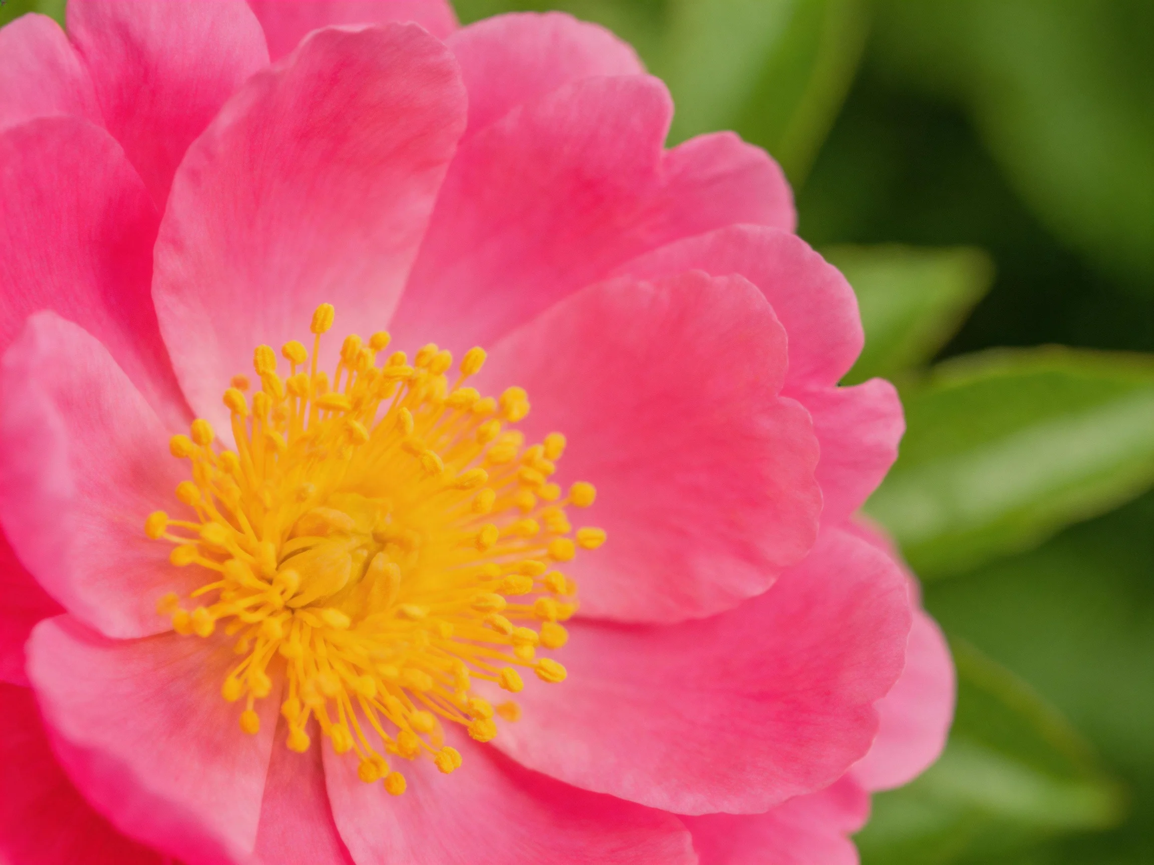 A vibrant pink flower with a bright yellow central cluster