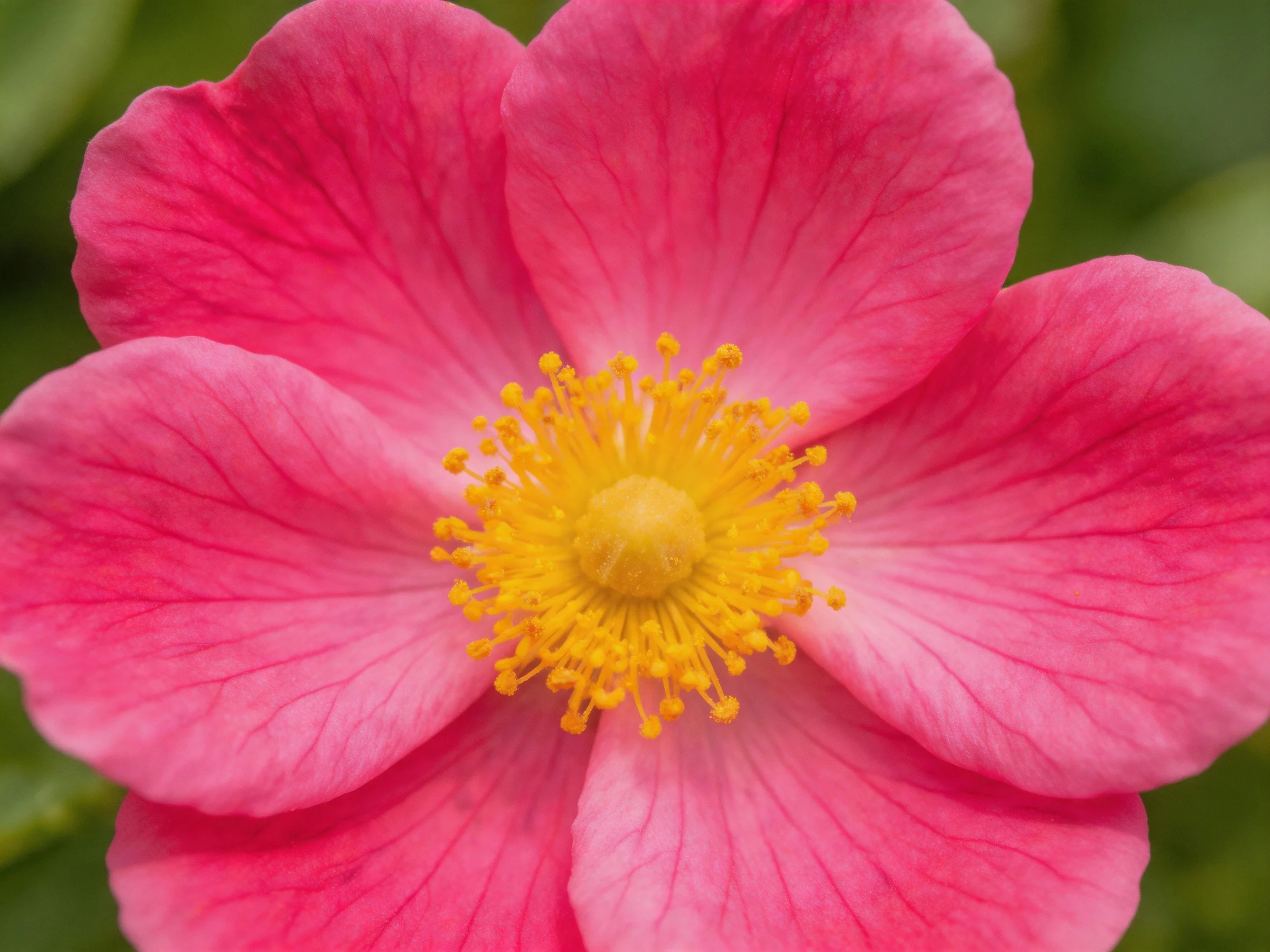 A vibrant pink flower with a bright yellow central cluster