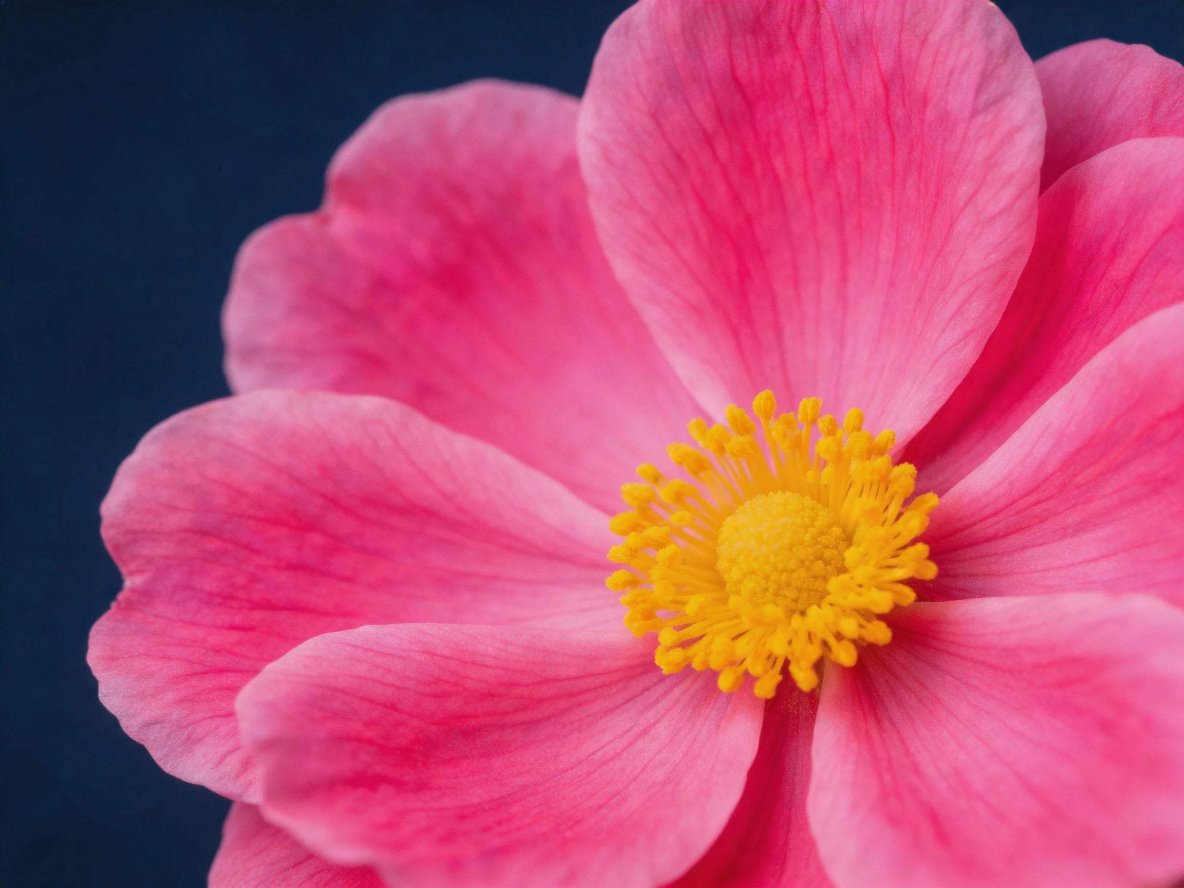 A vibrant pink flower with a bright yellow central cluster