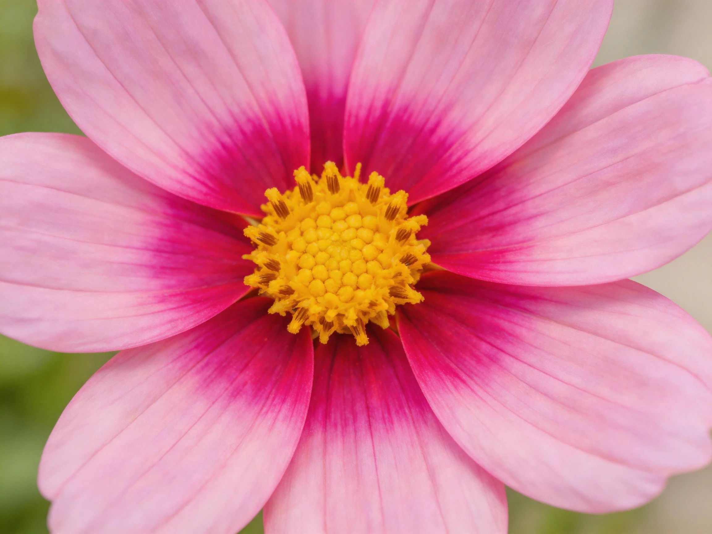 A vibrant pink flower with a bright yellow central core