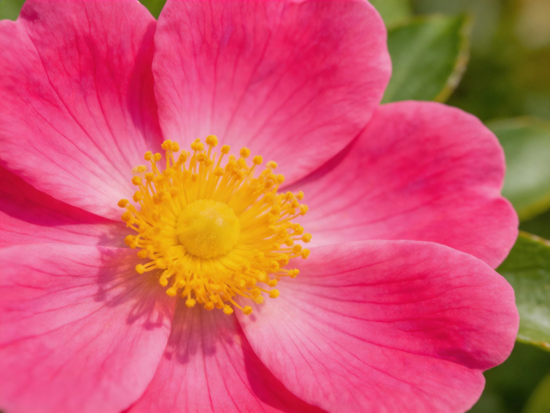 A vibrant pink flower with a bright yellow central stamen