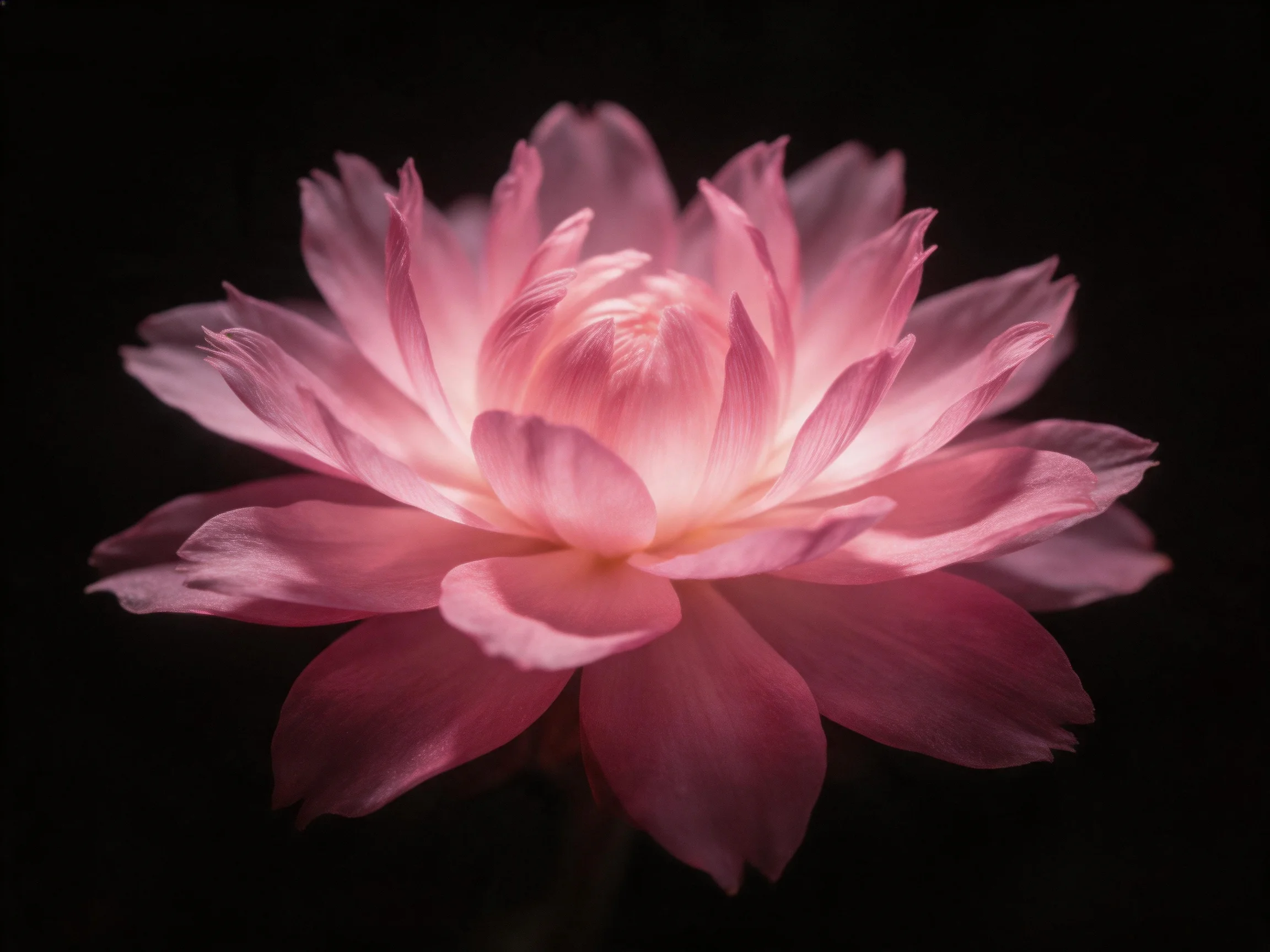 A vibrant pink flower with layered petals against a black backdrop