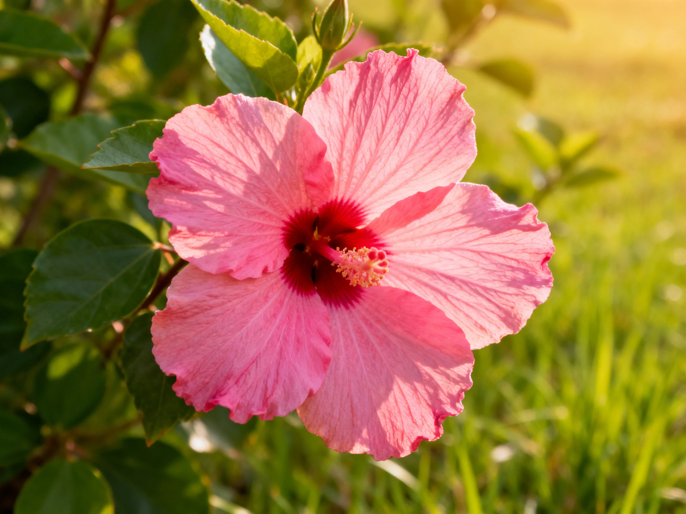 A vibrant pink hibiscus flower blooms amidst lush green foliage
