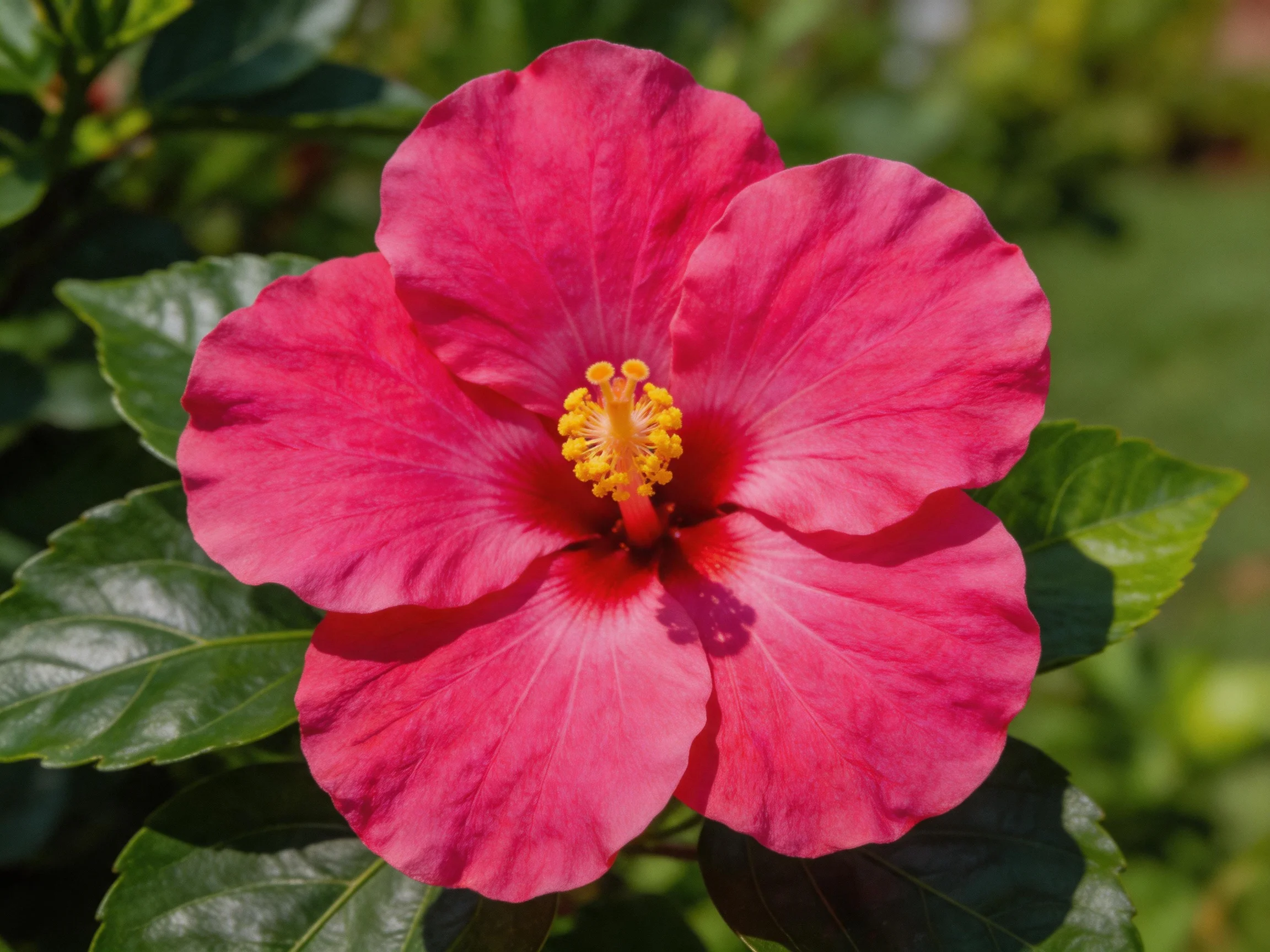 A vibrant pink hibiscus flower with lush green foliage