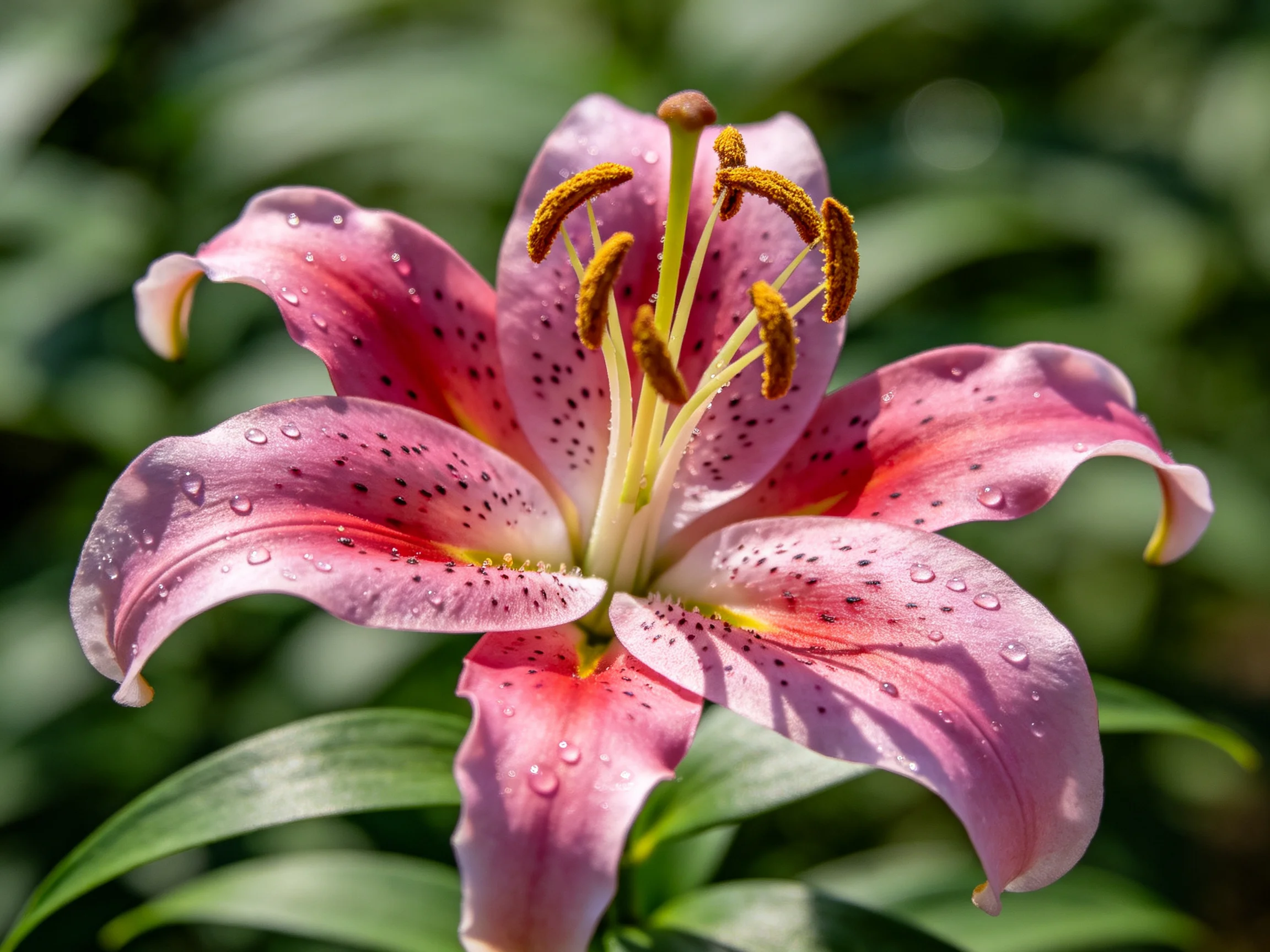 A vibrant pink lily with water droplets amid green foliage