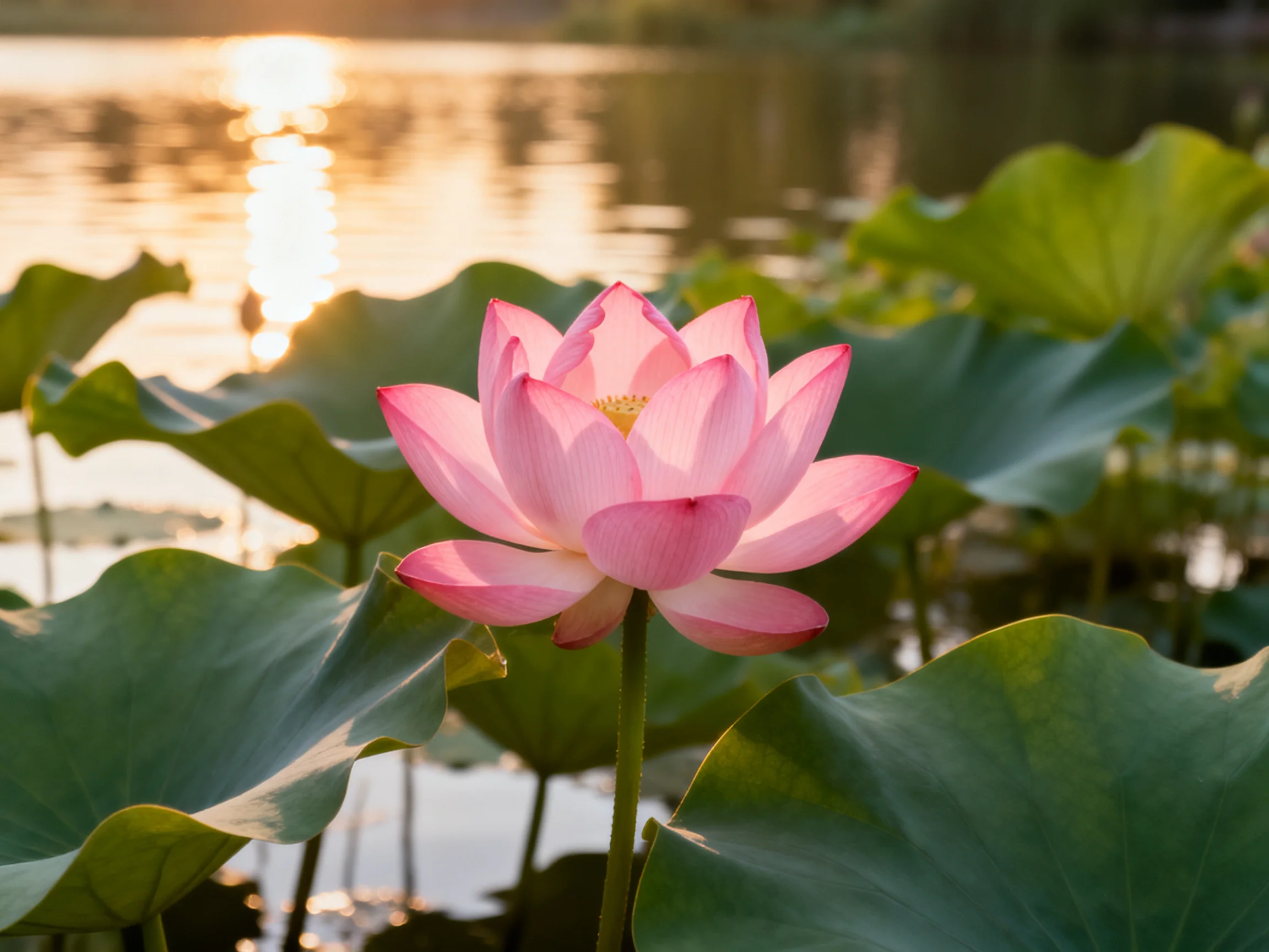 A vibrant pink lotus blooms amid broad green lily pads by tranquil water at sunset