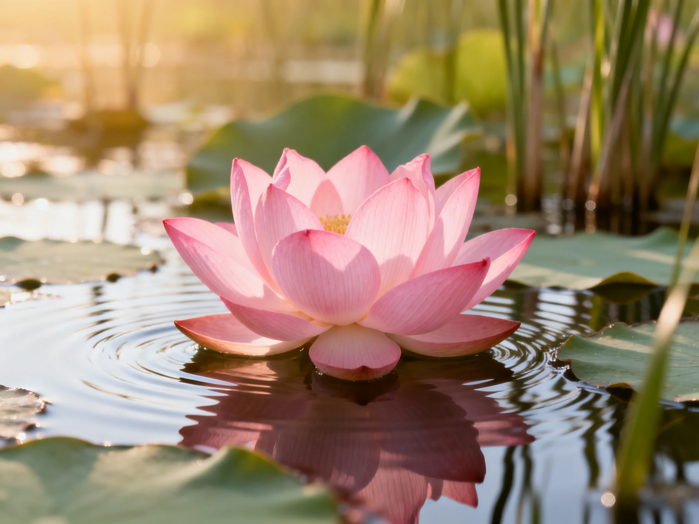 A vibrant pink lotus blooms amid calm water and lily pads