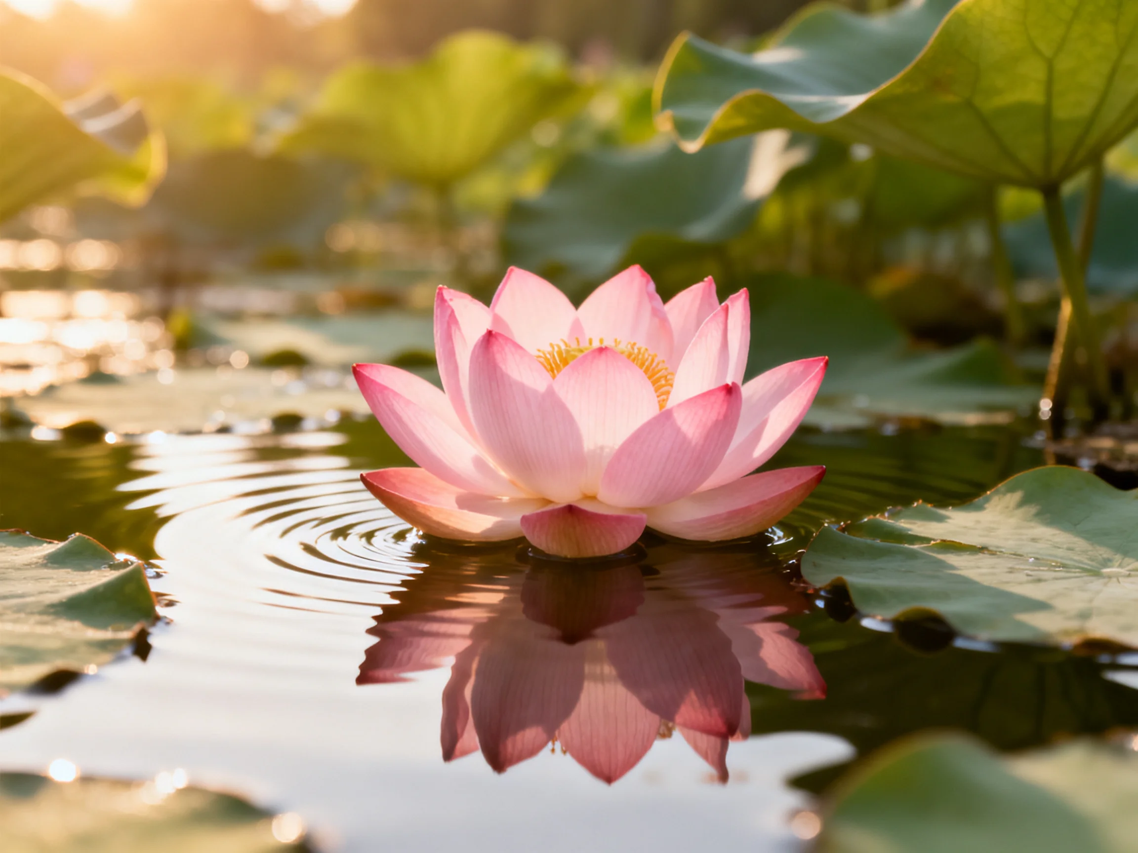 A vibrant pink lotus blooms amid green lily pads in calm water