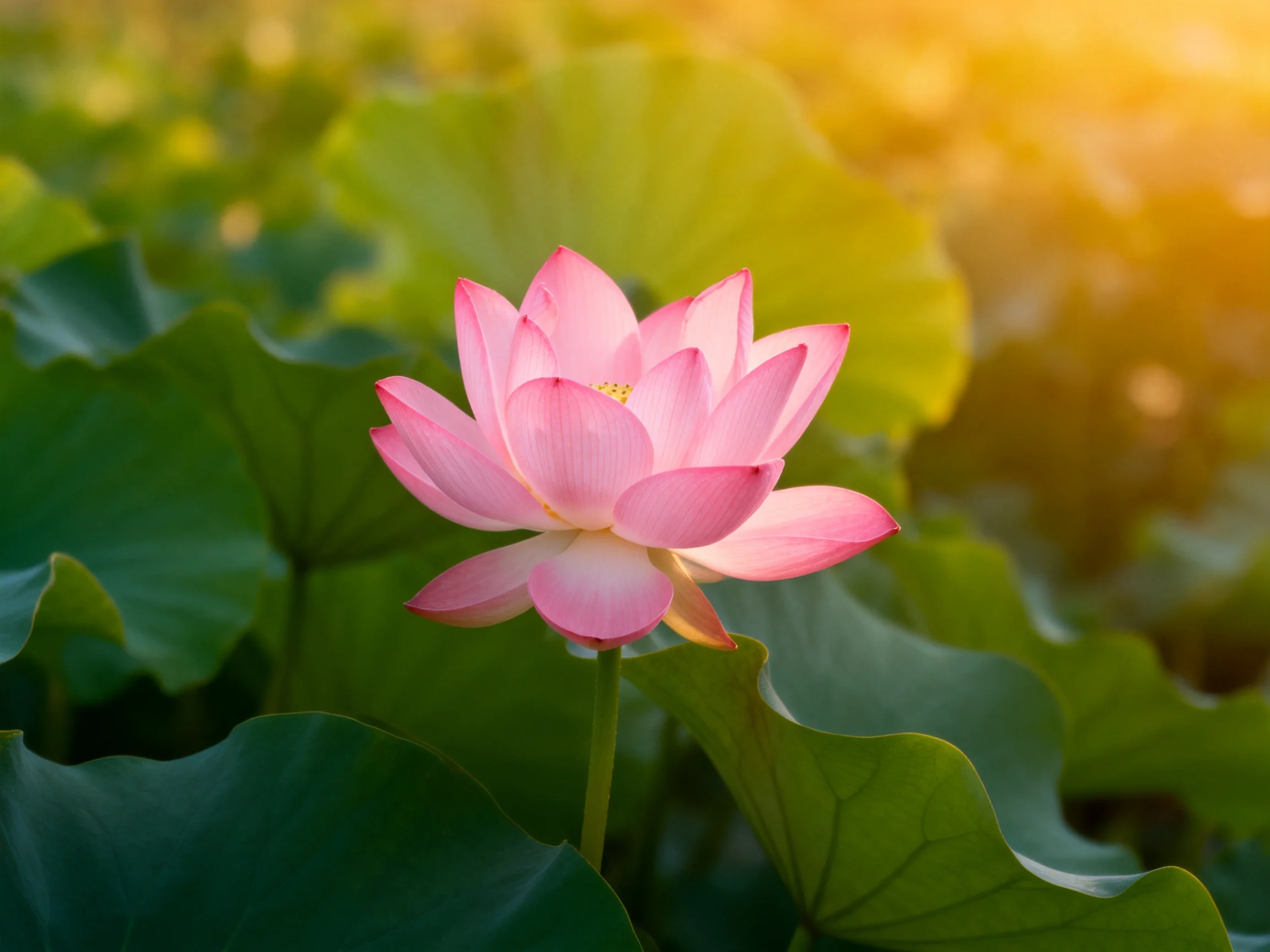 A vibrant pink lotus blooms amid large green leaves under golden sunlight