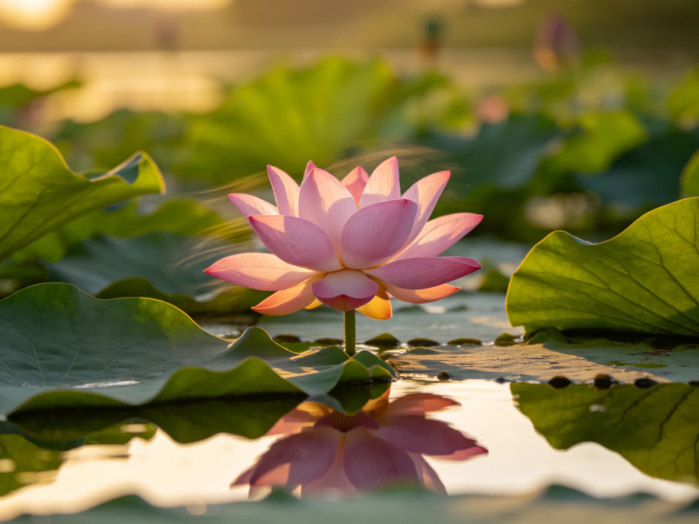 A vibrant pink lotus blooms amid large green lily pads