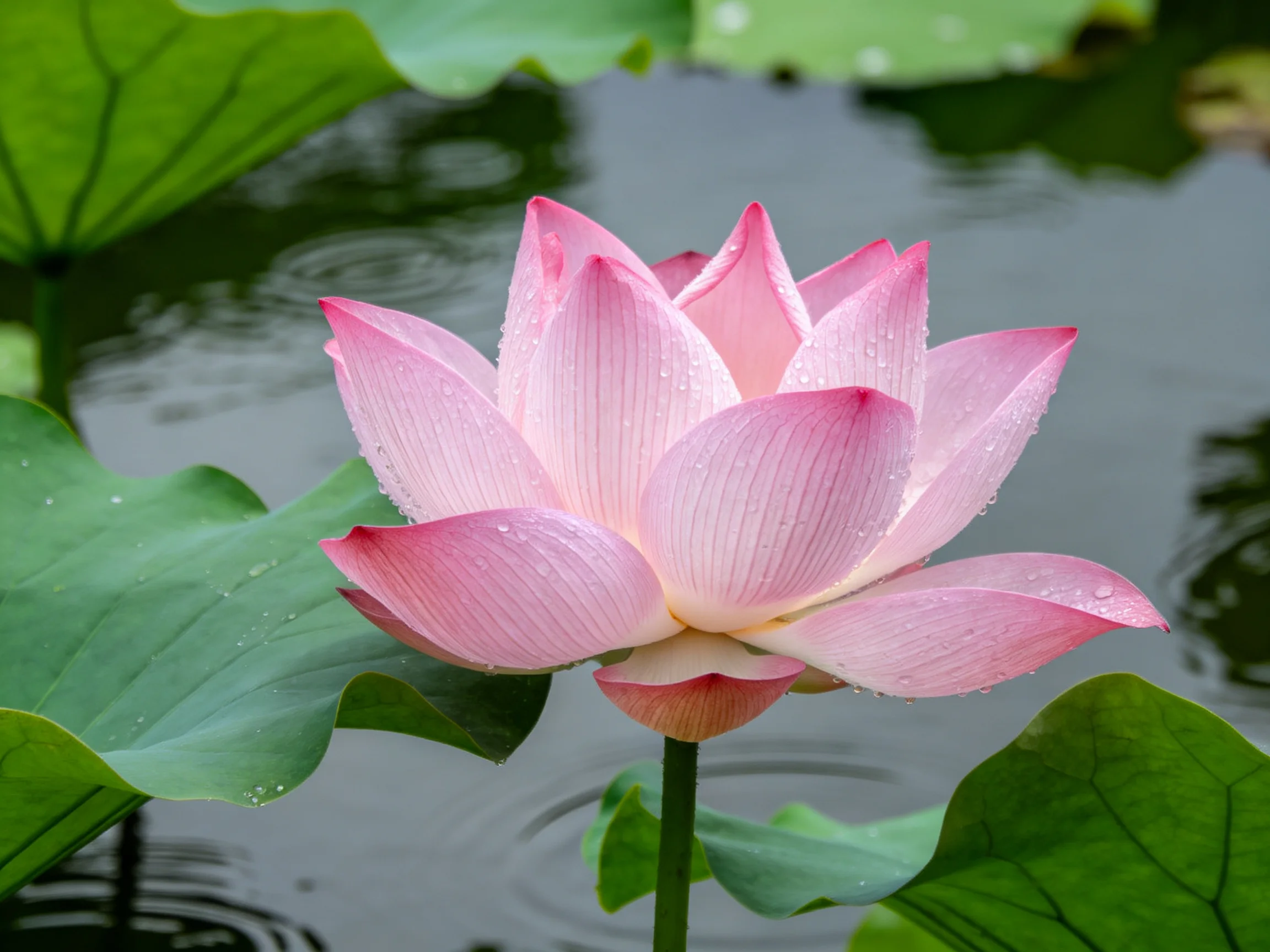 A vibrant pink lotus blooms amid large green lily pads by calm water