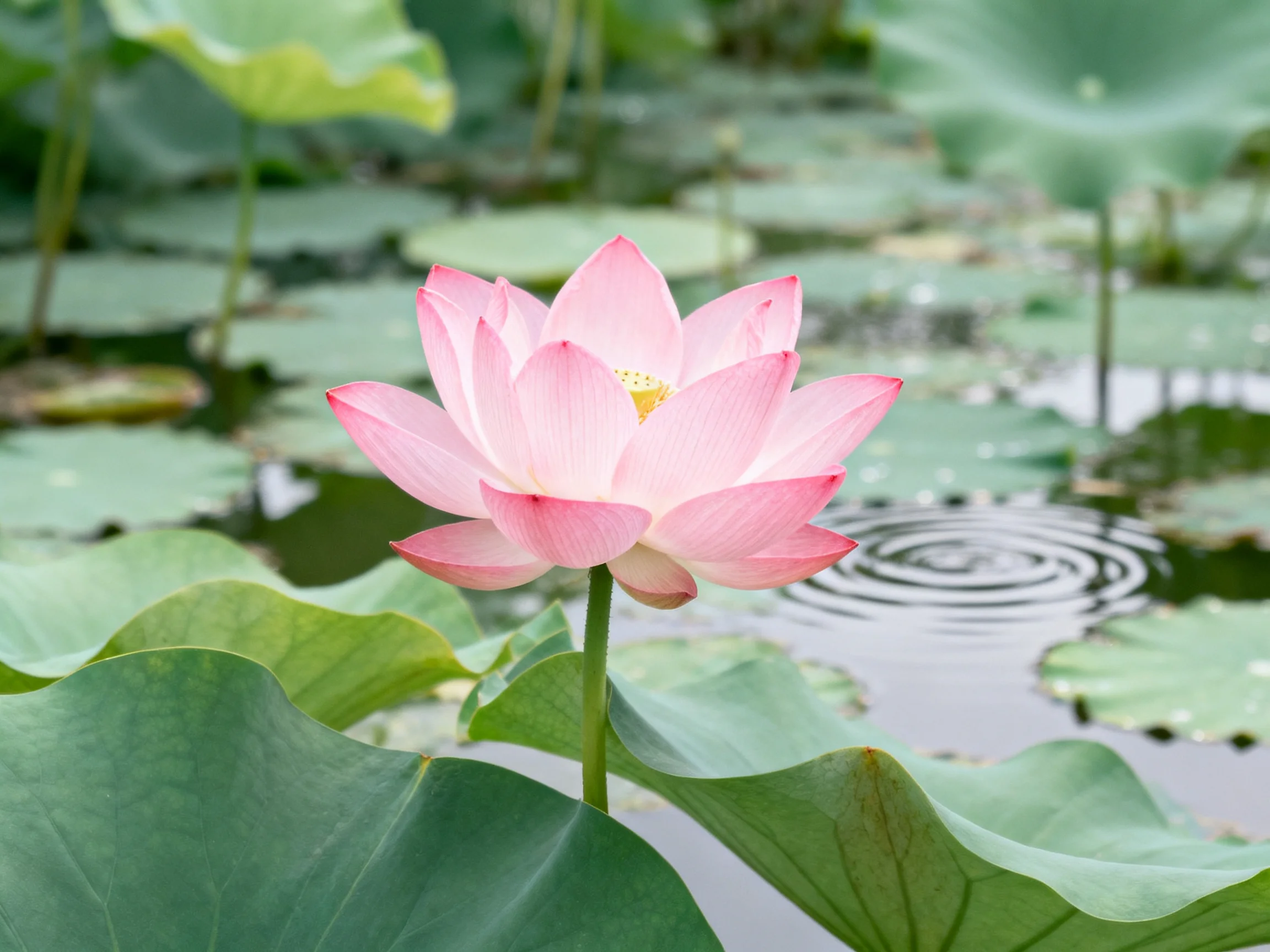 A vibrant pink lotus blooms amid large green lily pads by calm water.