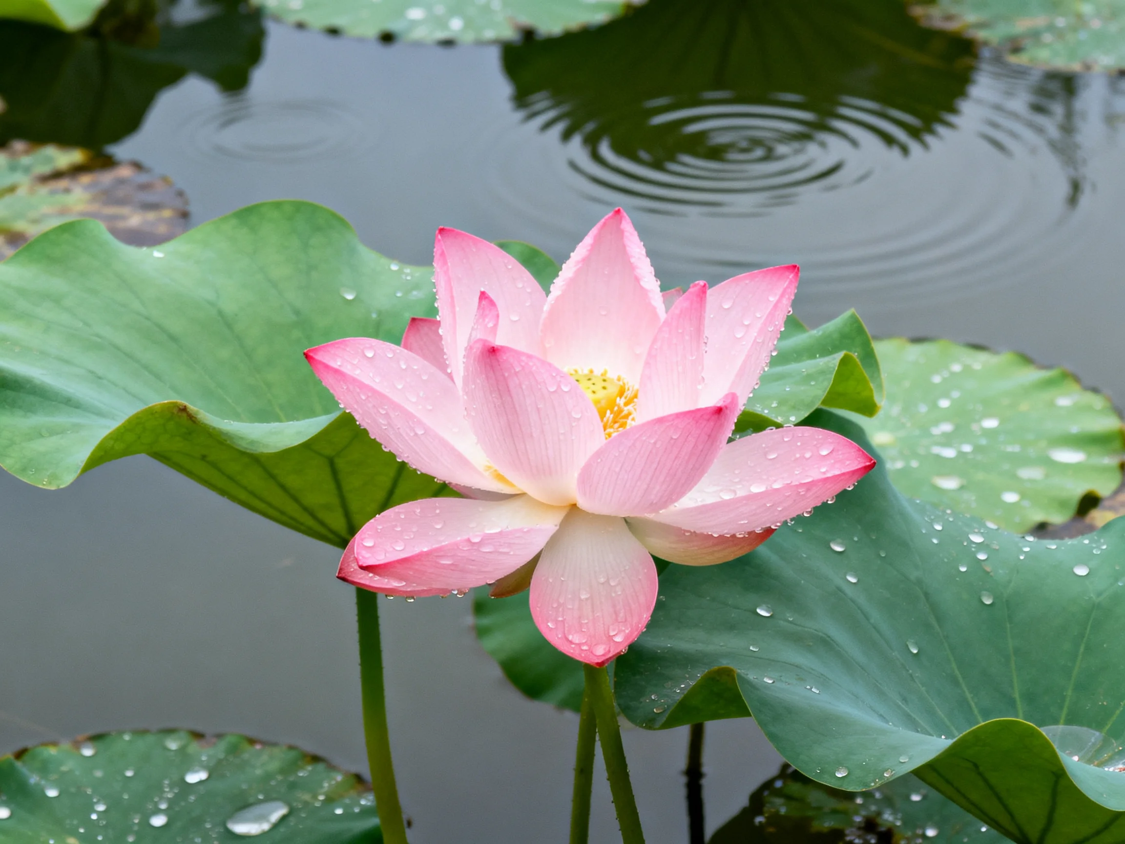 A vibrant pink lotus blooms amid large green lily pads by rippling water