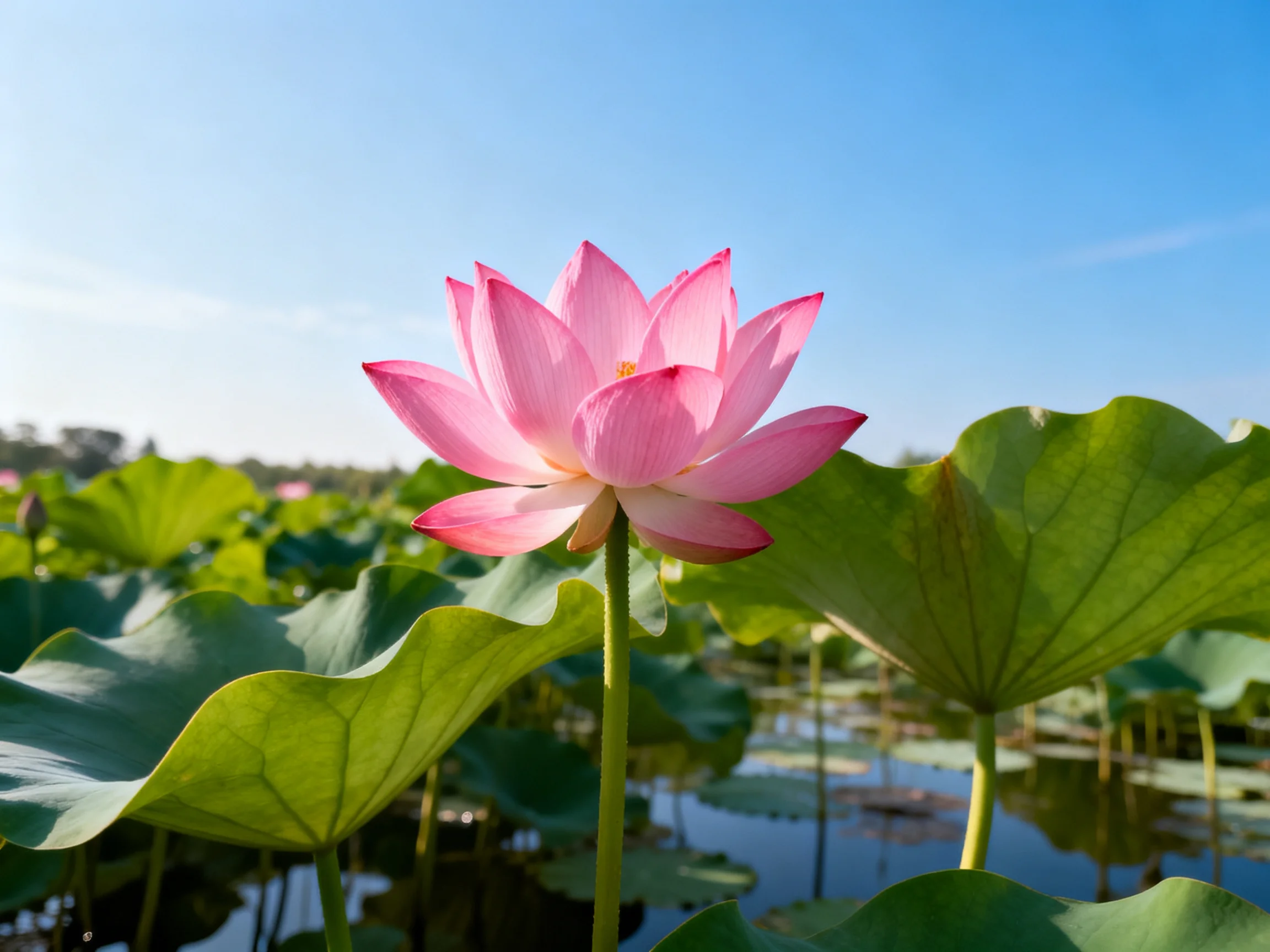 A vibrant pink lotus blooms amid large green lily pads by tranquil water