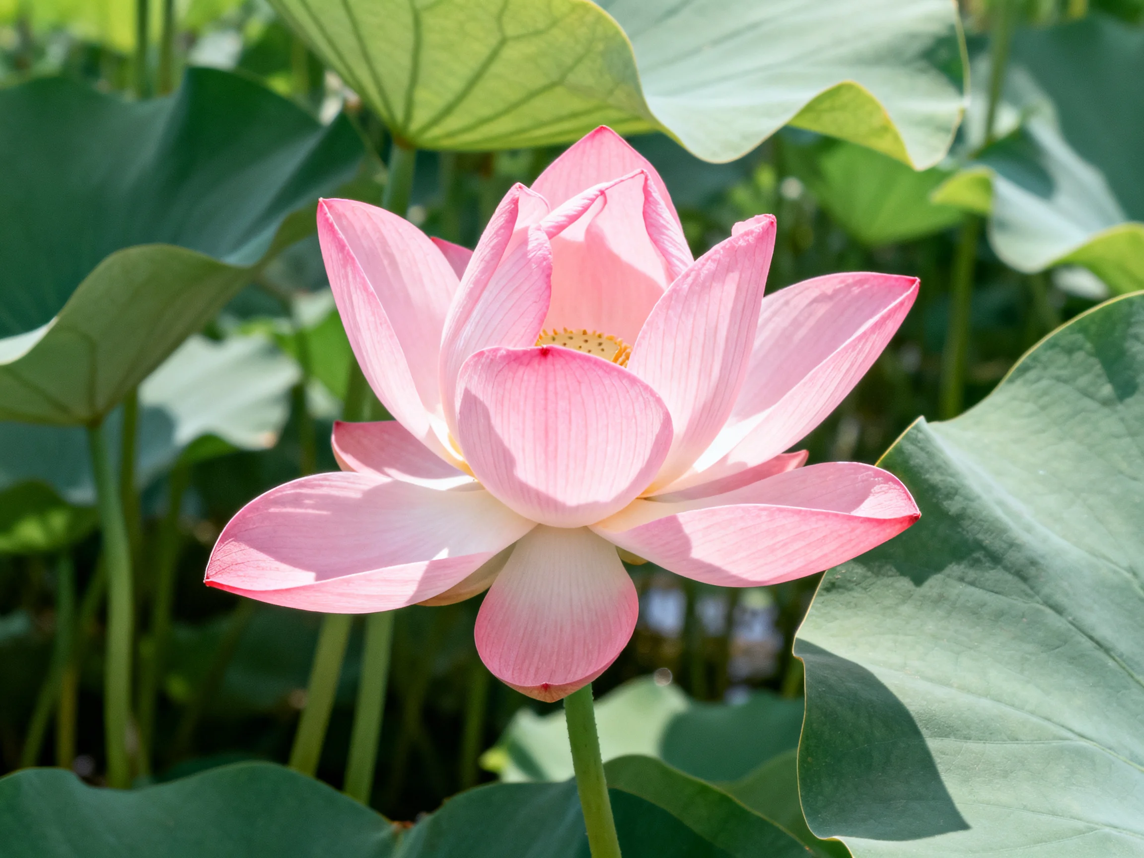 A vibrant pink lotus blooms amid large green lily pads